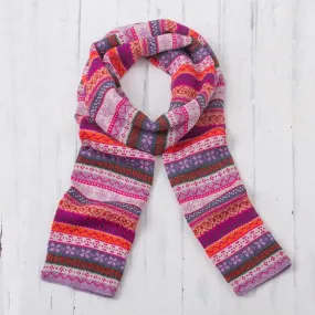 Lilac and Fuchsia and White 100% Alpaca Knit Scarf - Inca Blooms | NOVICA