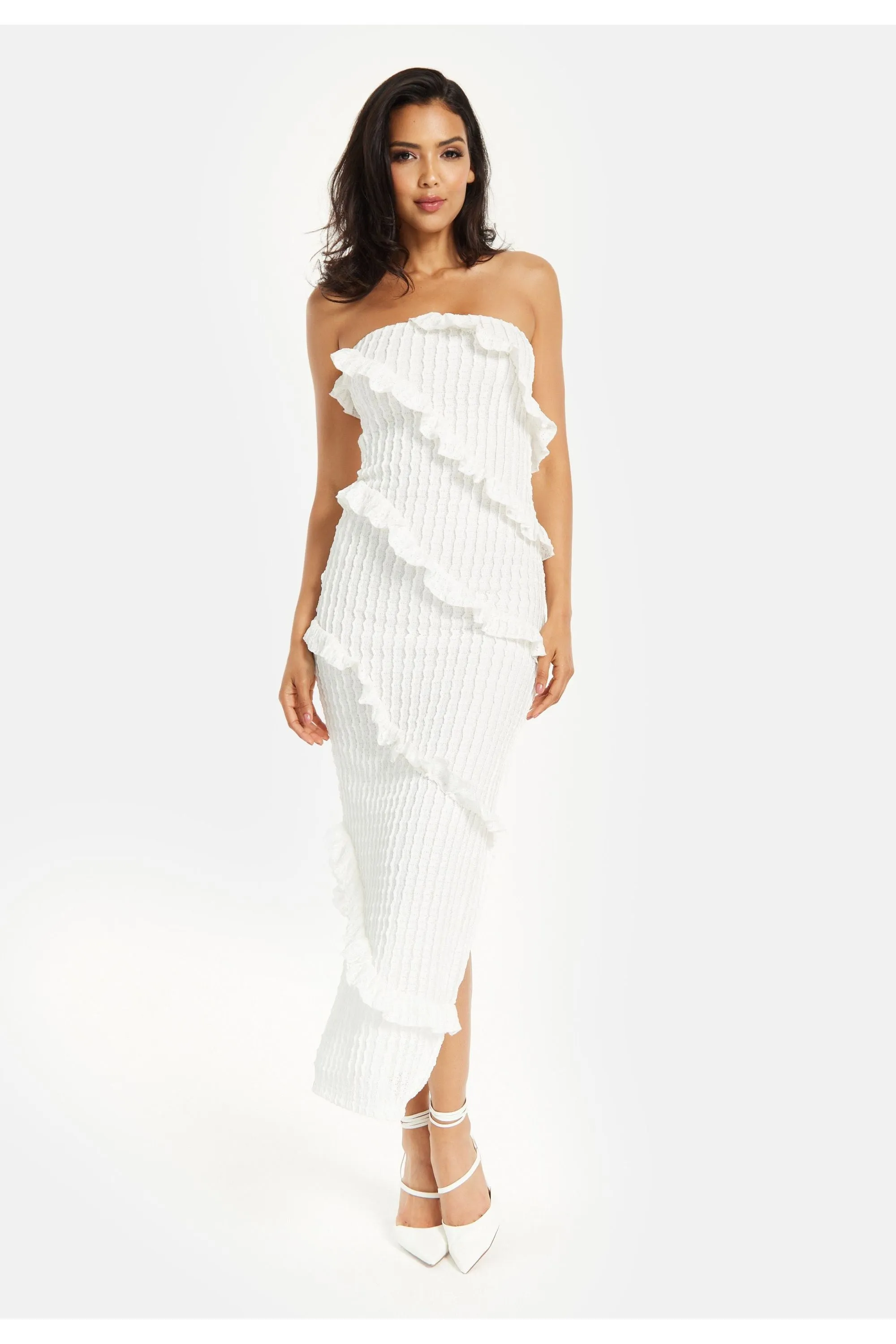 Liquorish Diagonal Frilled Slit Detail Jersey Dress In White