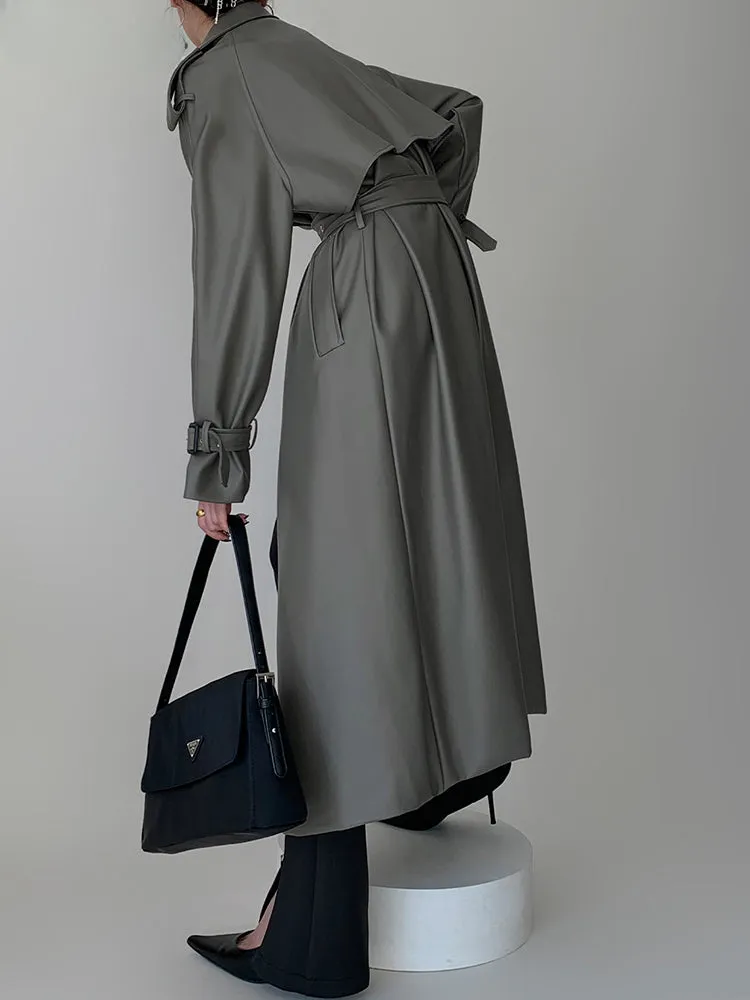 Long Gray Pu Leather Raglan Sleeve Belt Runway Luxury Designer European Fashion Stylish Coat