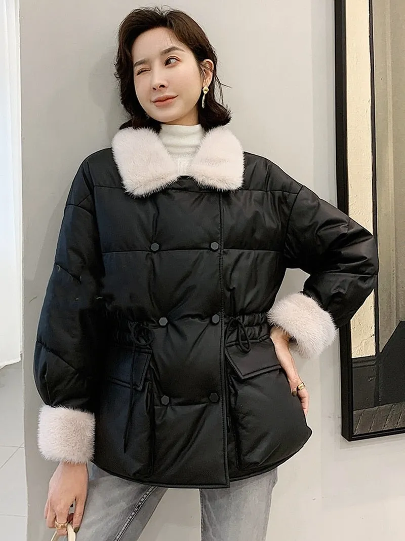 Luxury Sheepskin Leather Suede Coat Duck Down Lingning Mink Fur Collar Cuff Winter Women Suit LF21024BM