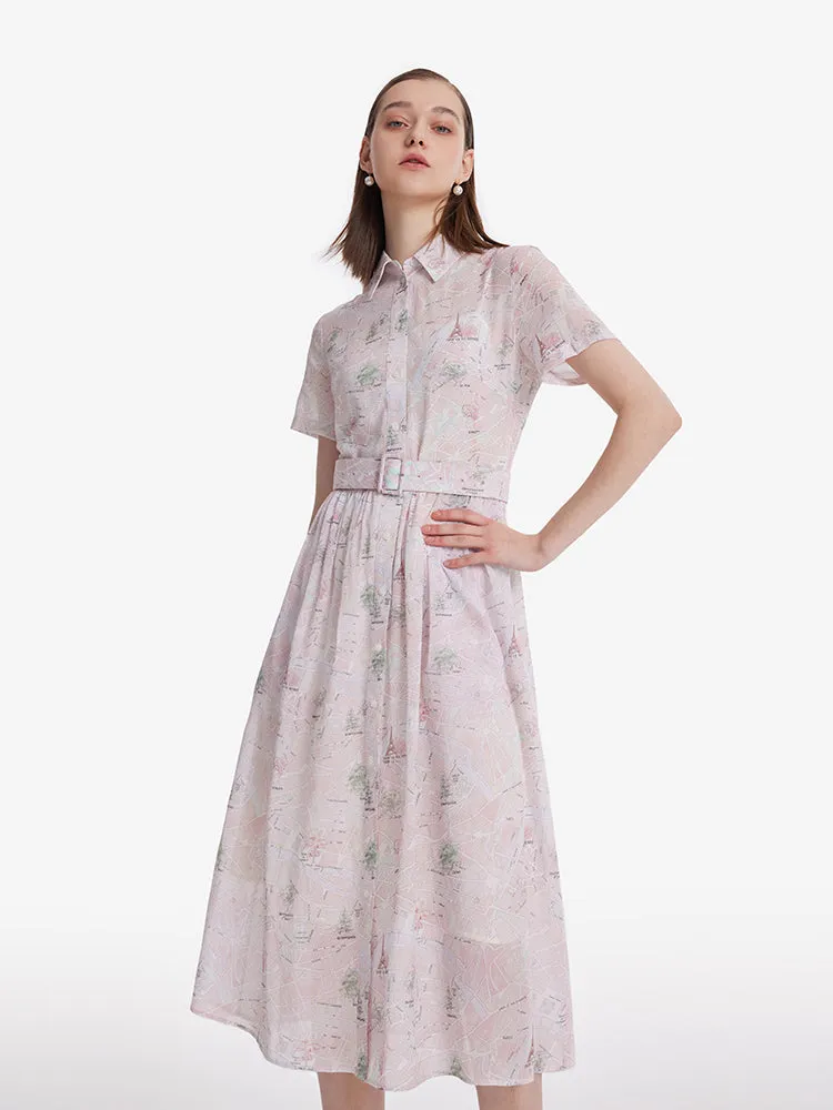 Map Print Women Midi Dress With Bottomed Dress And Belt