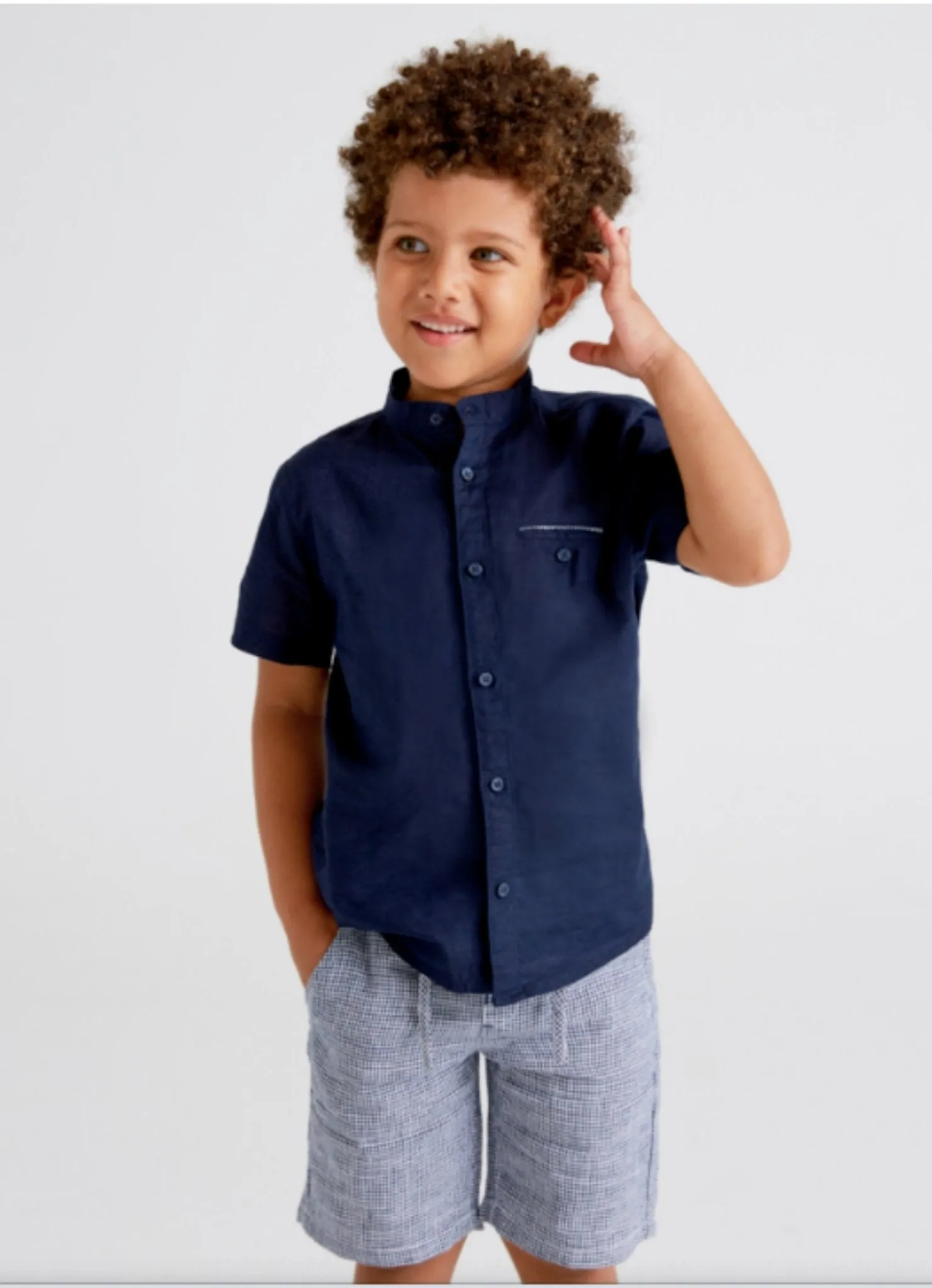 Mayoral Boys Navy S/S Button Up Shirt & Blue Pattern Shorts Set