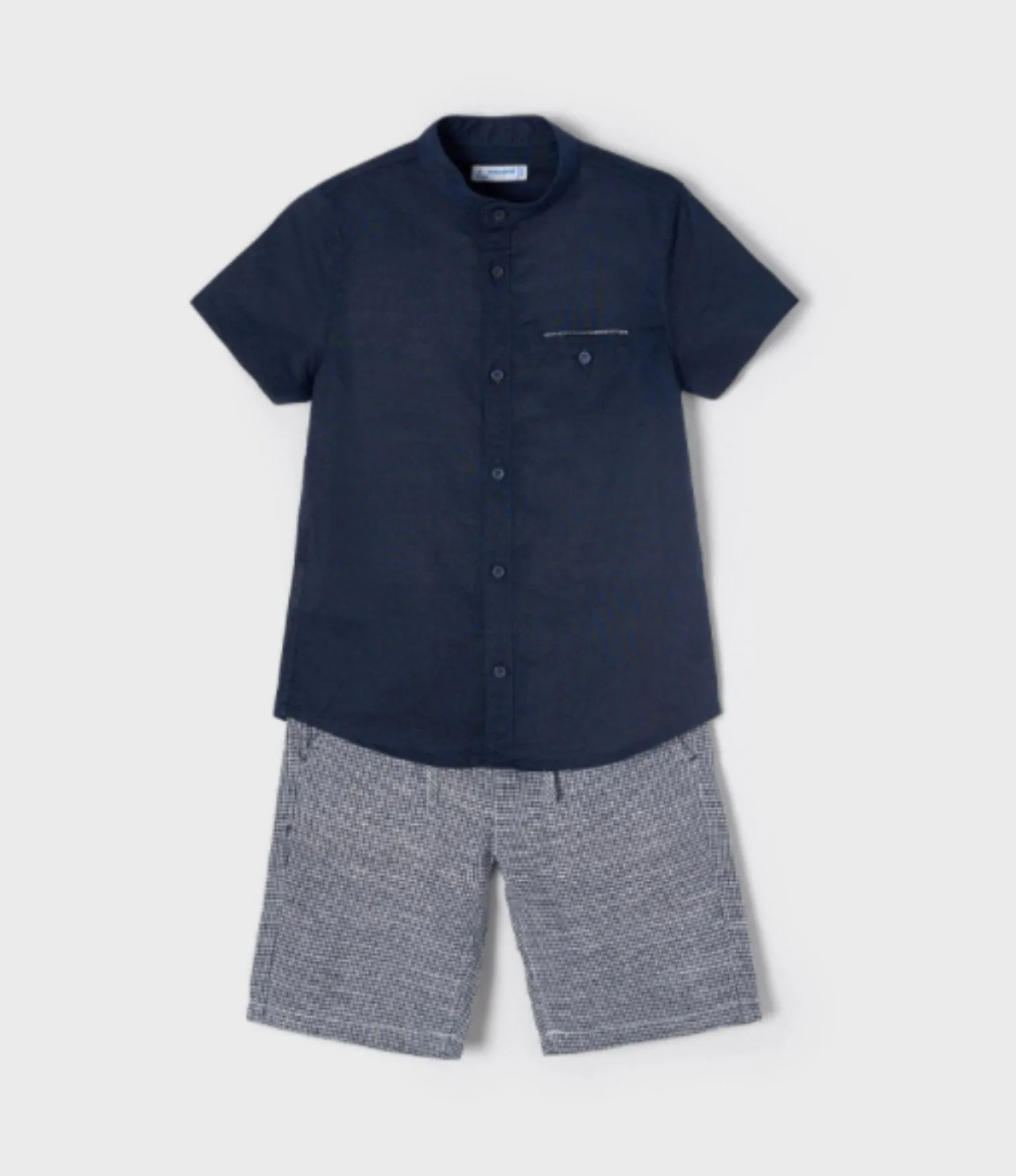 Mayoral Boys Navy S/S Button Up Shirt & Blue Pattern Shorts Set