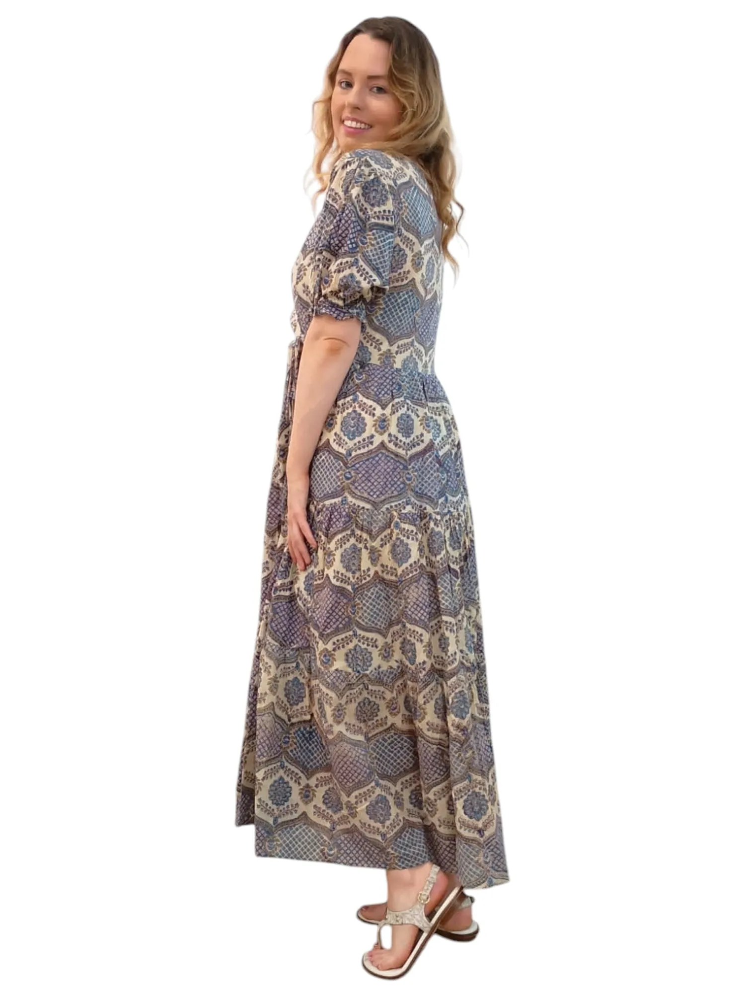 Melange - Indian Block Print Wrap Midi Dress - Blue/Beige