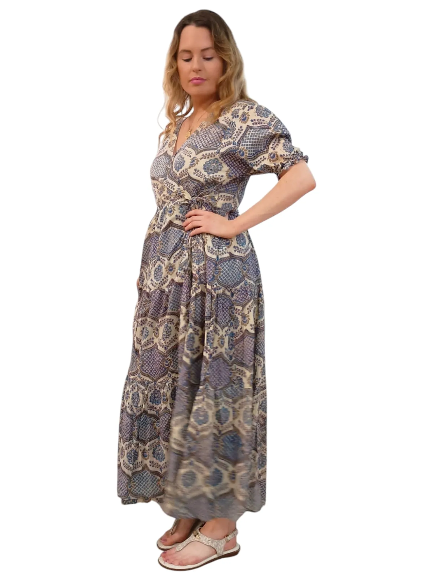 Melange - Indian Block Print Wrap Midi Dress - Blue/Beige