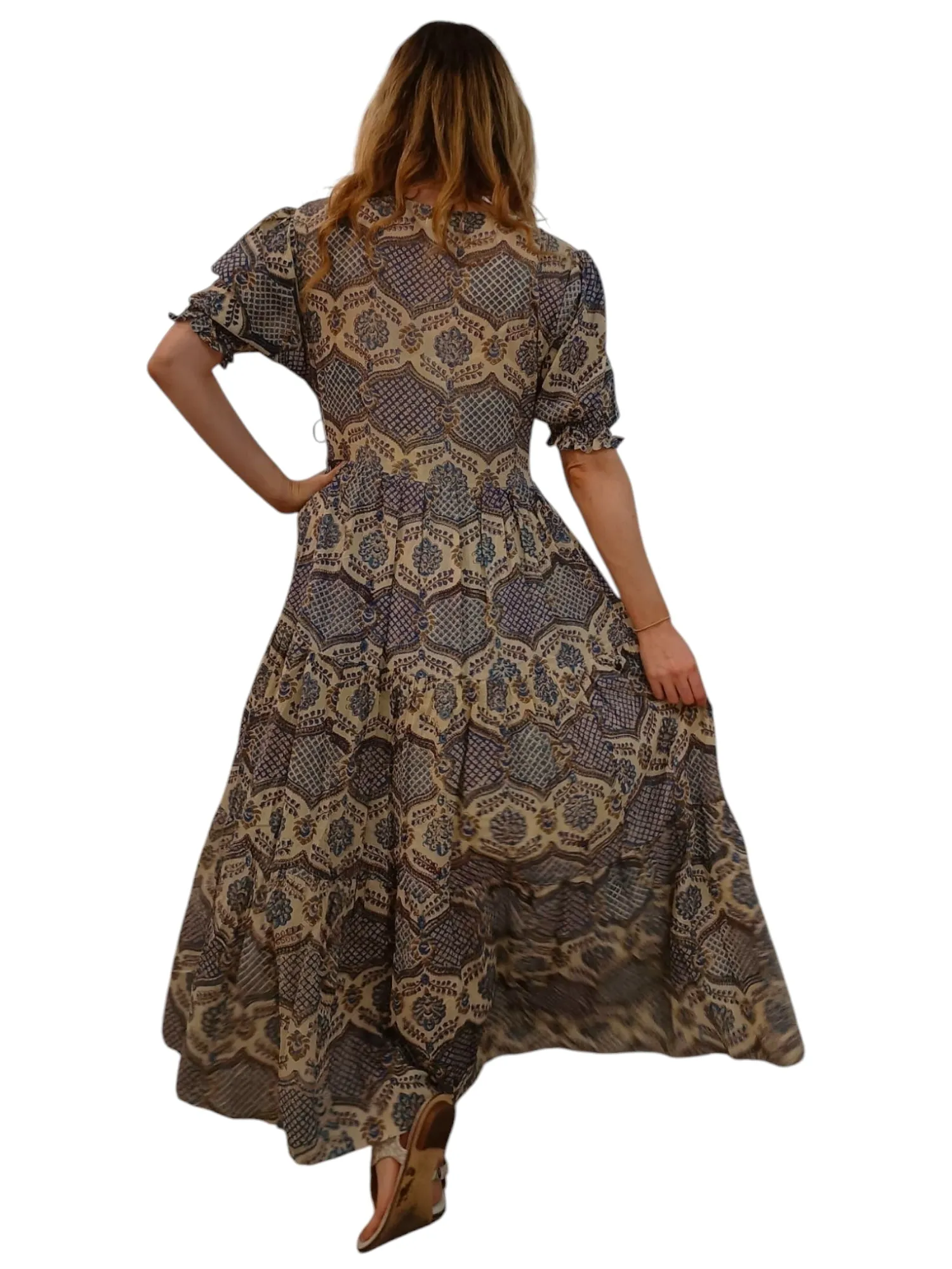 Melange - Indian Block Print Wrap Midi Dress - Blue/Beige