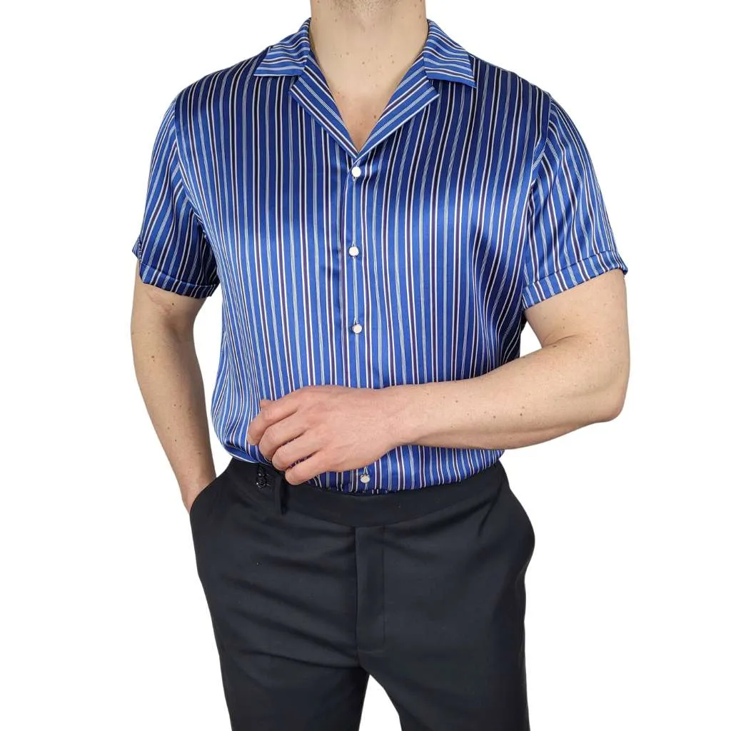 Mens Blue Stripe Short Sleeve Silk Shirt