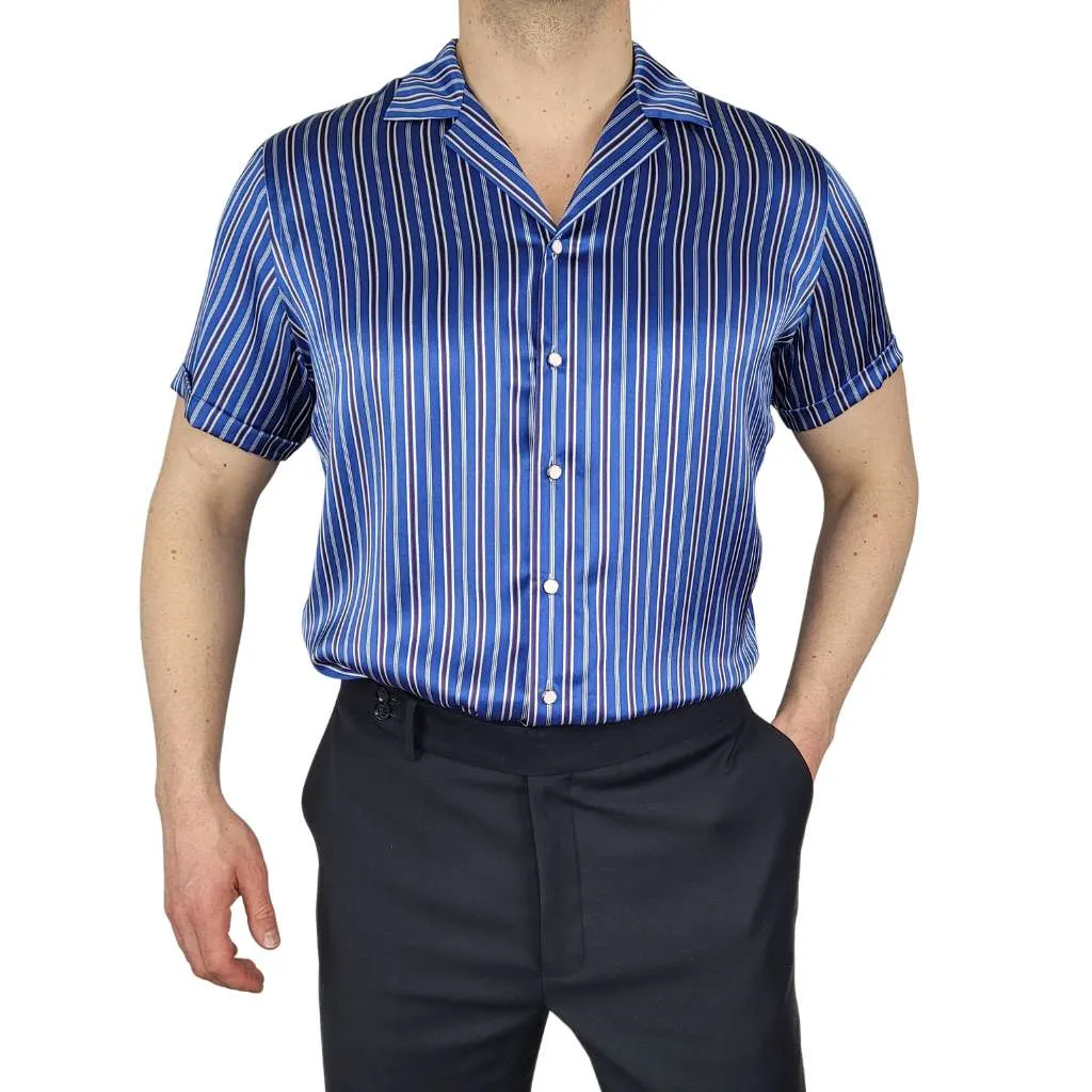 Mens Blue Stripe Short Sleeve Silk Shirt