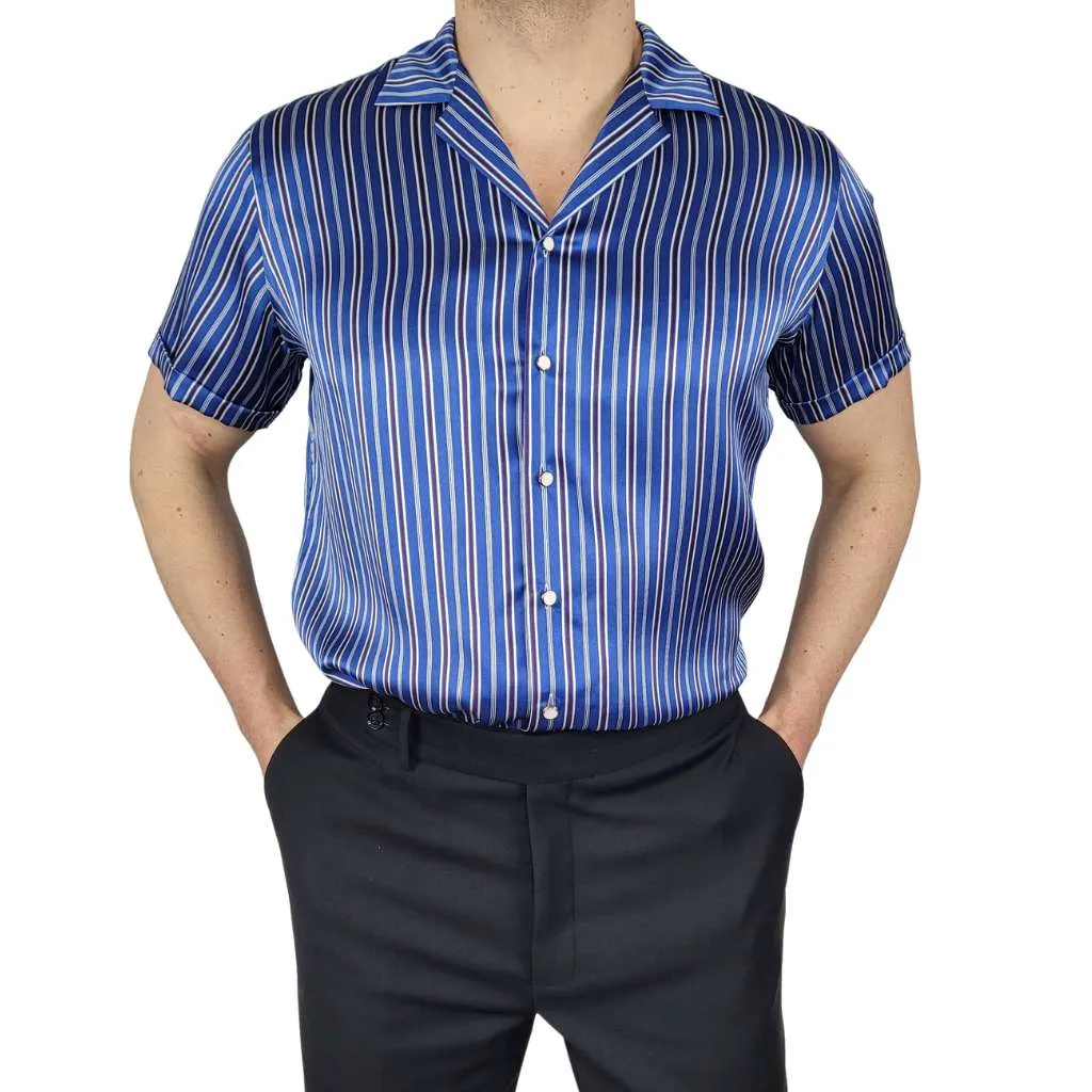 Mens Blue Stripe Short Sleeve Silk Shirt