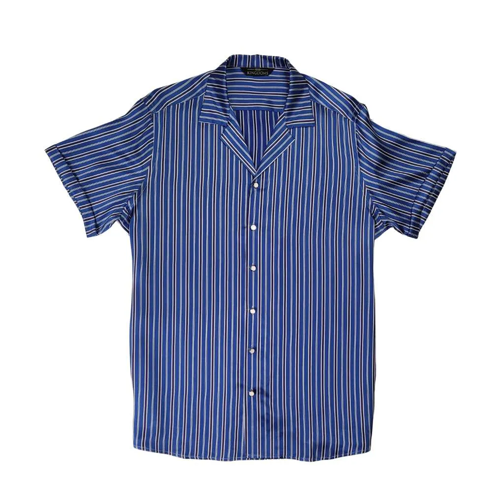 Mens Blue Stripe Short Sleeve Silk Shirt