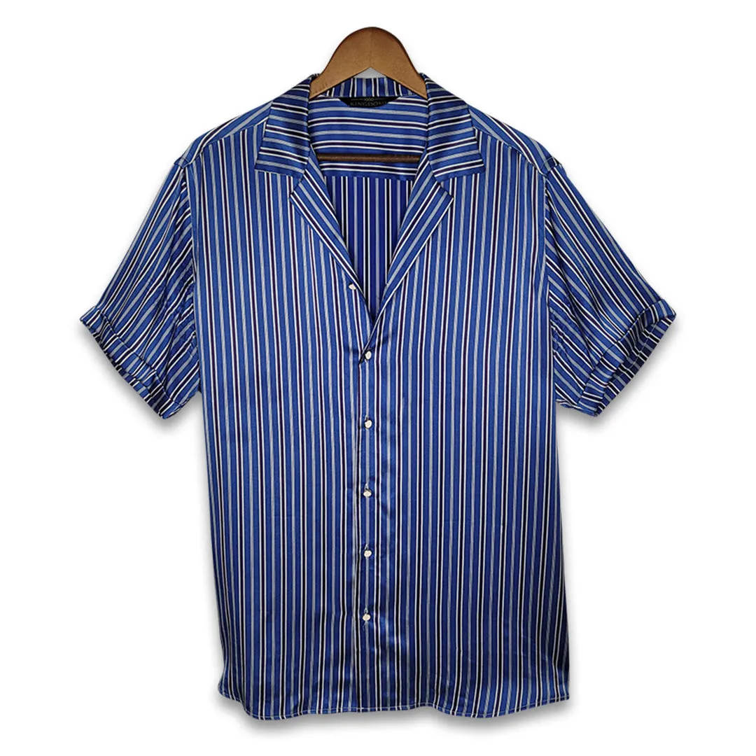 Mens Blue Stripe Short Sleeve Silk Shirt