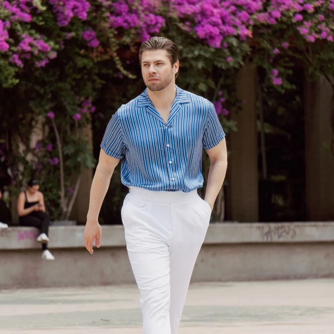 Mens Blue Stripe Short Sleeve Silk Shirt