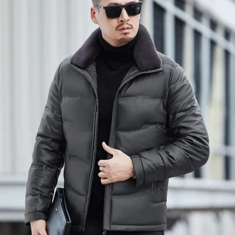 Men's Genuine Sheepskin Leather Winter Coat with Lamb Collar – Thickened Down Outerwear