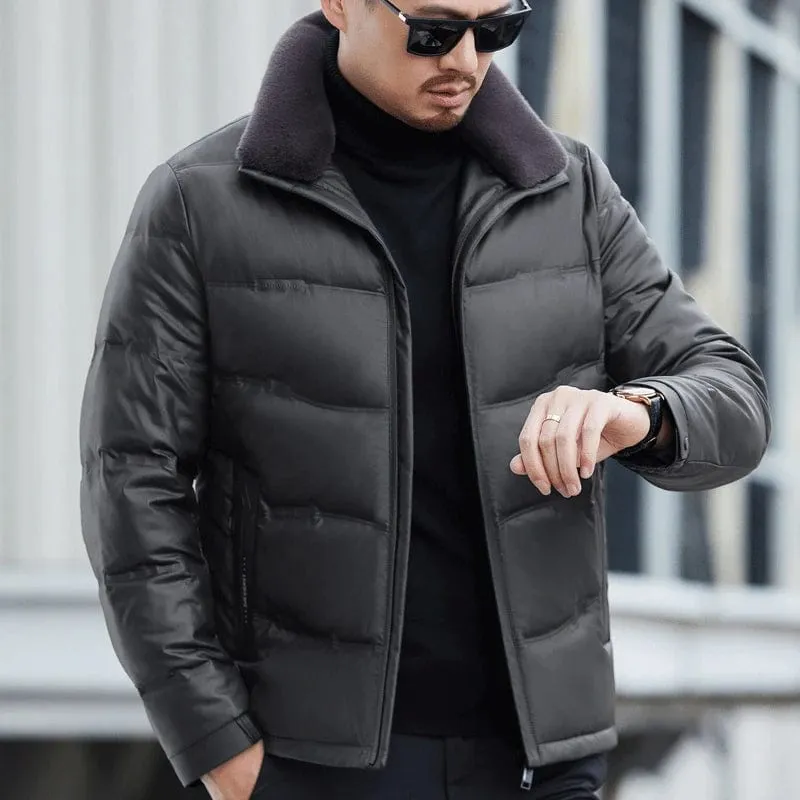 Men's Genuine Sheepskin Leather Winter Coat with Lamb Collar – Thickened Down Outerwear