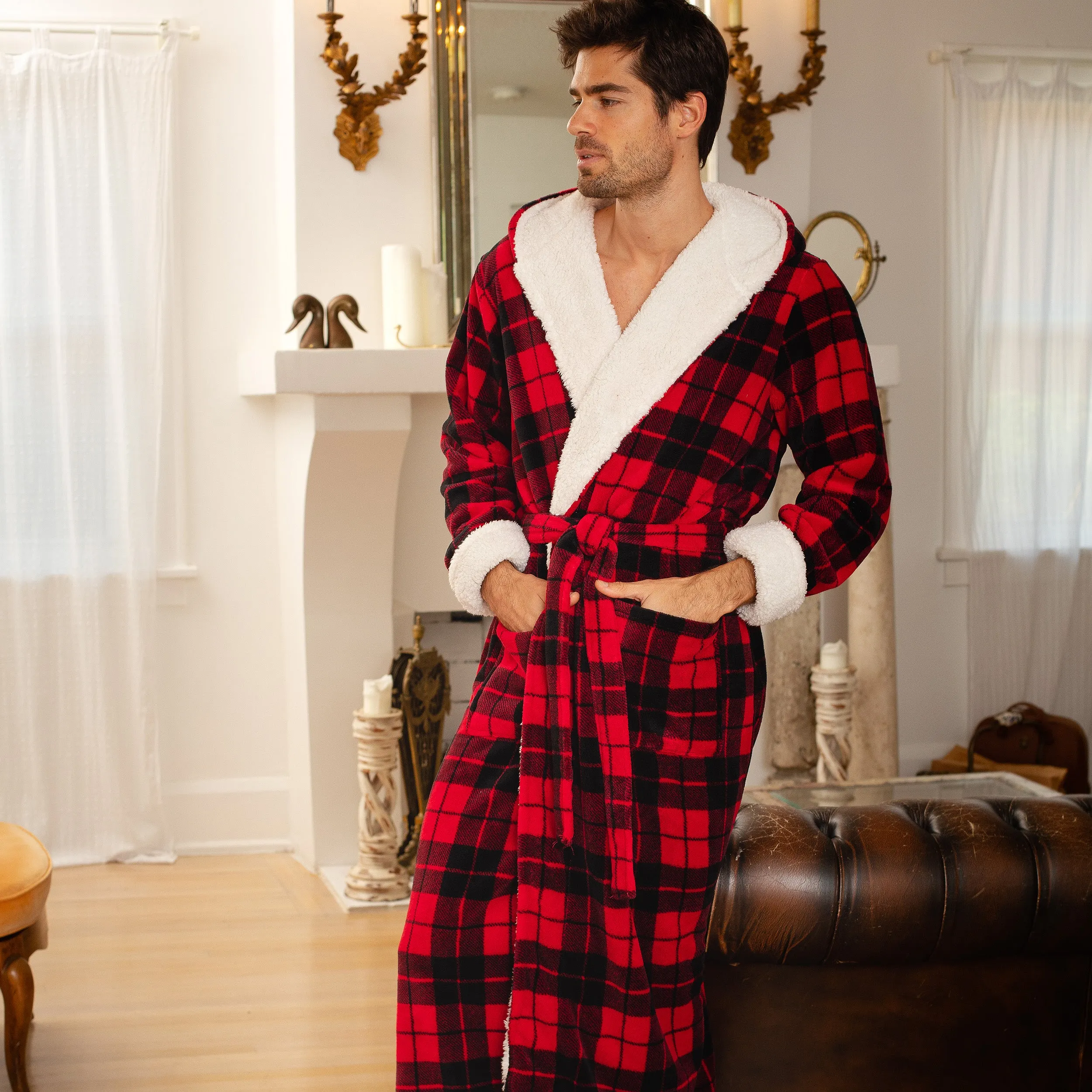 Men’s Long Hooded Sherpa Robe, Hooded Big and Tall Plush Fleece Hoodie Bathrobe