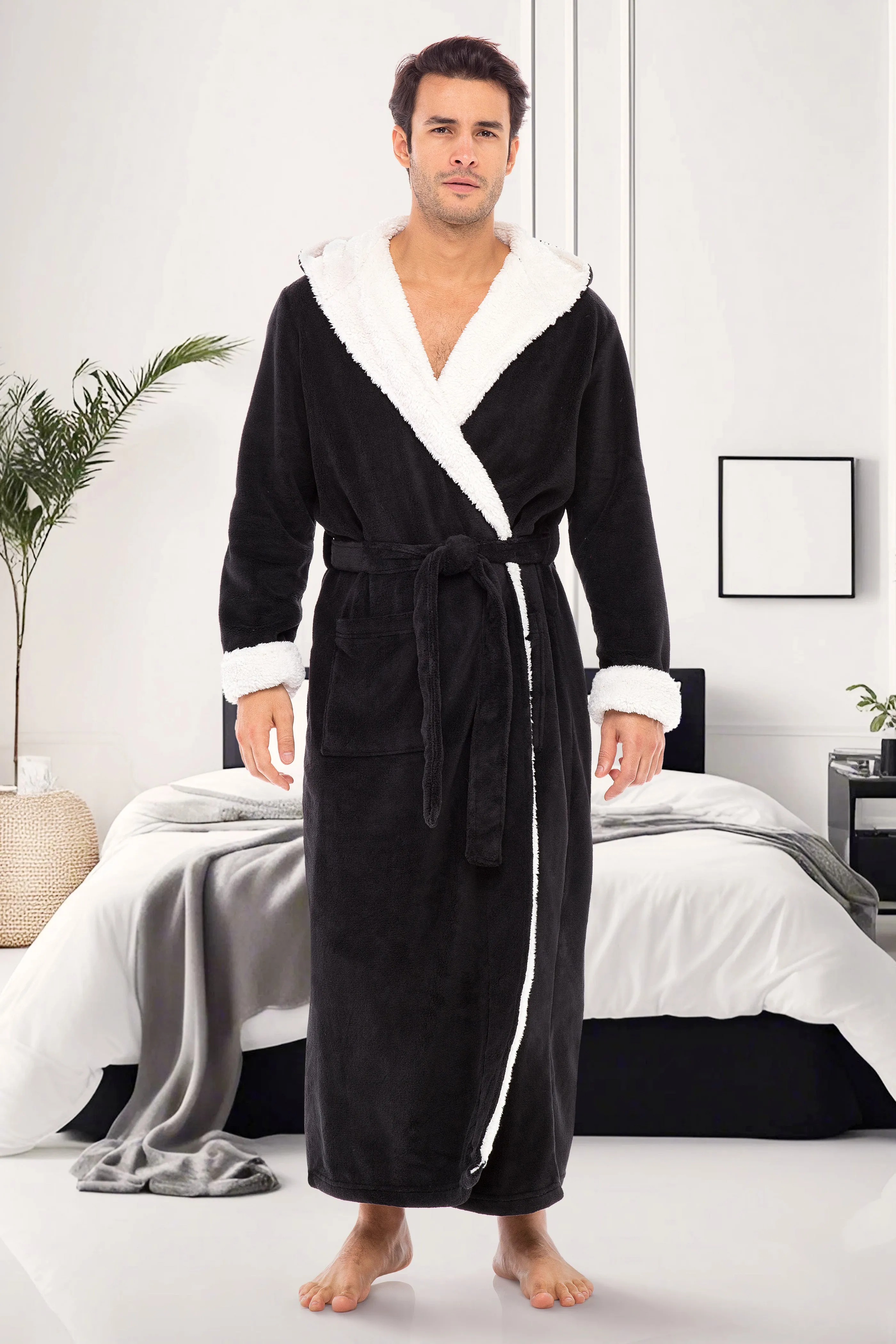 Men’s Long Hooded Sherpa Robe, Hooded Big and Tall Plush Fleece Hoodie Bathrobe