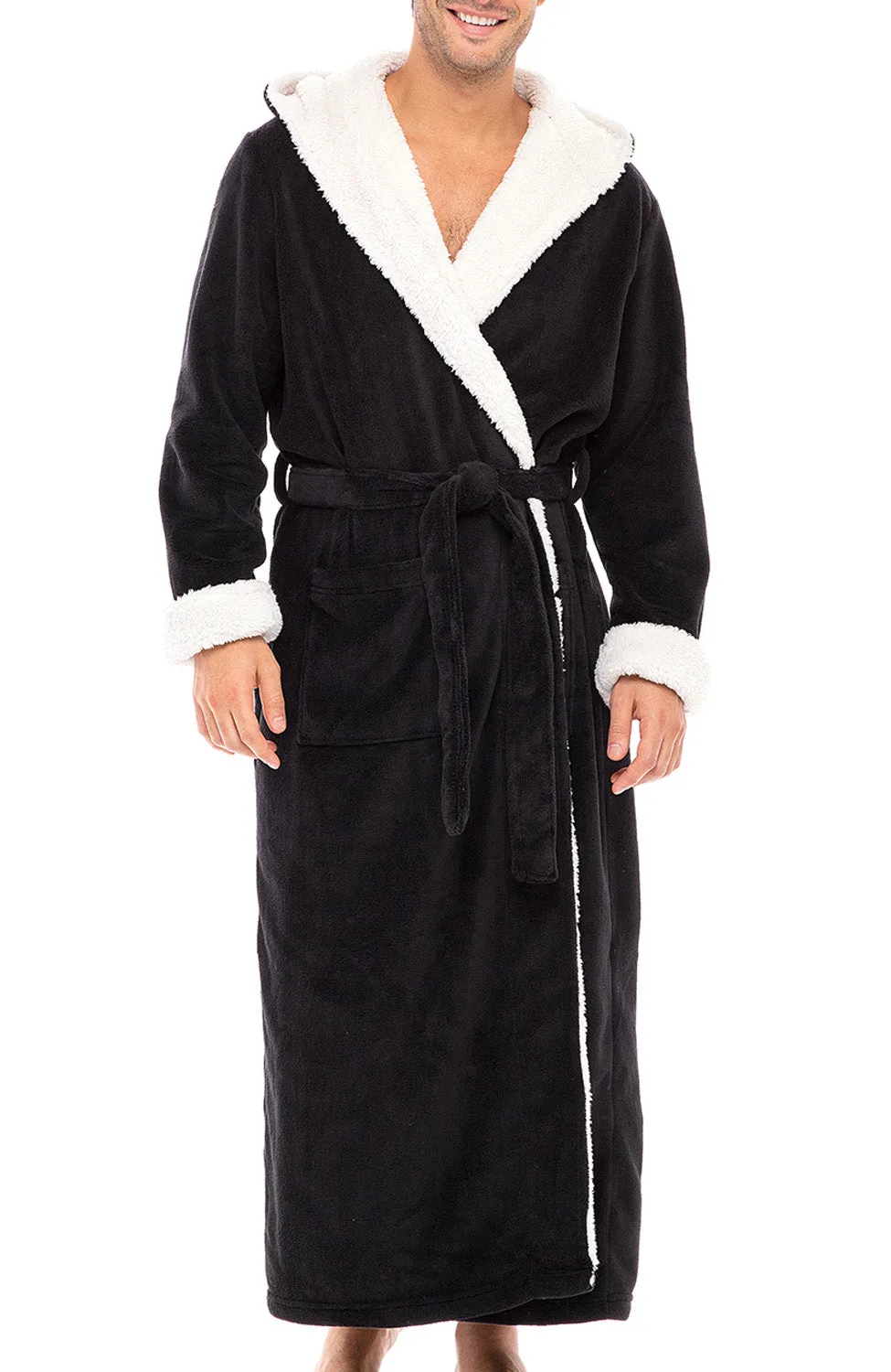 Men’s Long Hooded Sherpa Robe, Hooded Big and Tall Plush Fleece Hoodie Bathrobe