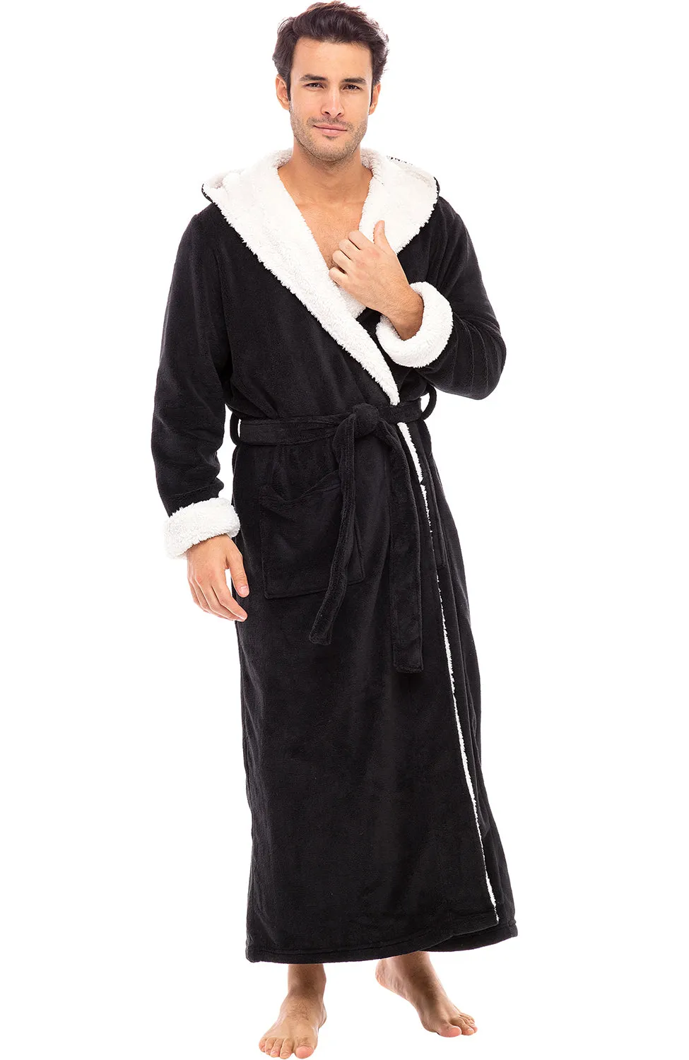 Men’s Long Hooded Sherpa Robe, Hooded Big and Tall Plush Fleece Hoodie Bathrobe