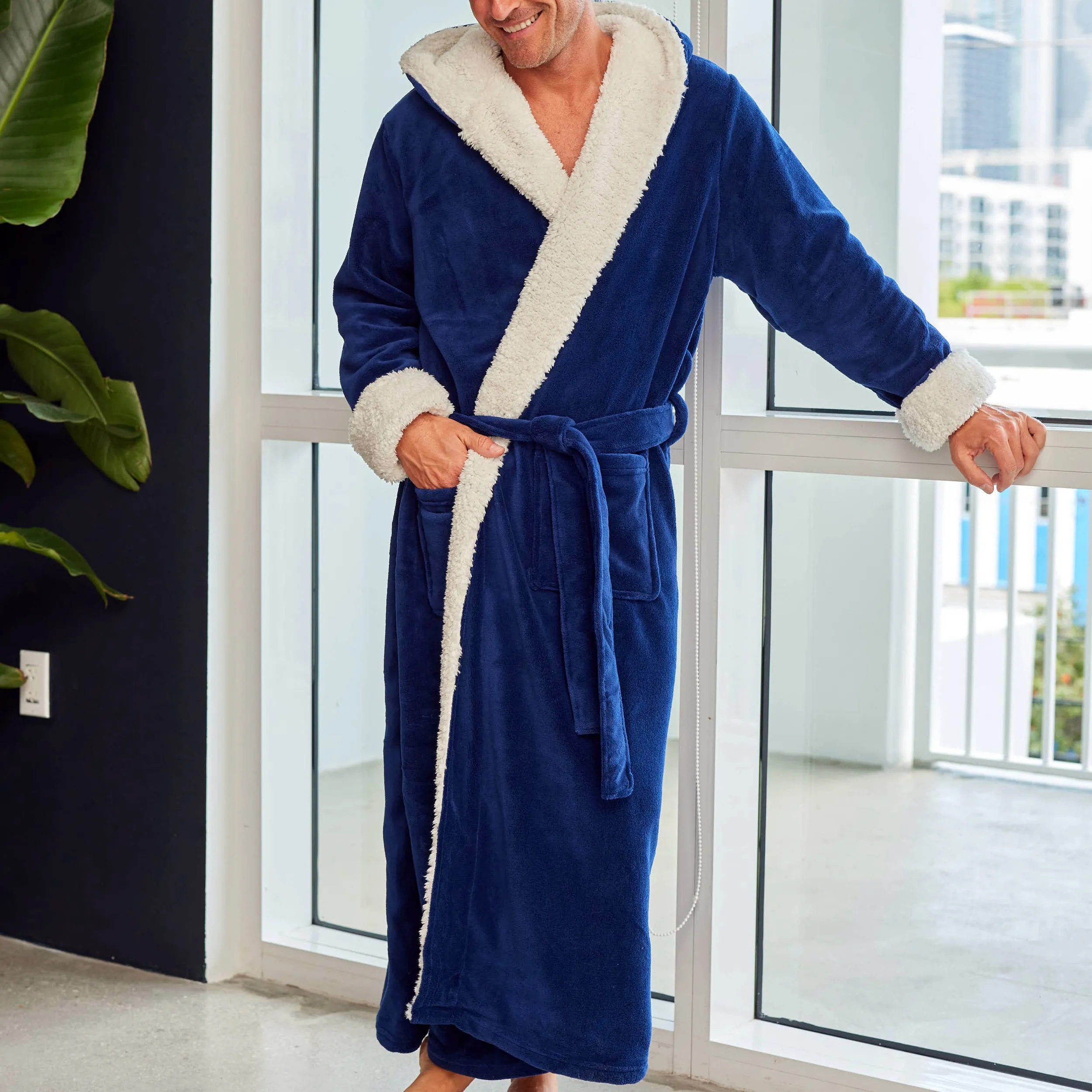 Men’s Long Hooded Sherpa Robe, Hooded Big and Tall Plush Fleece Hoodie Bathrobe