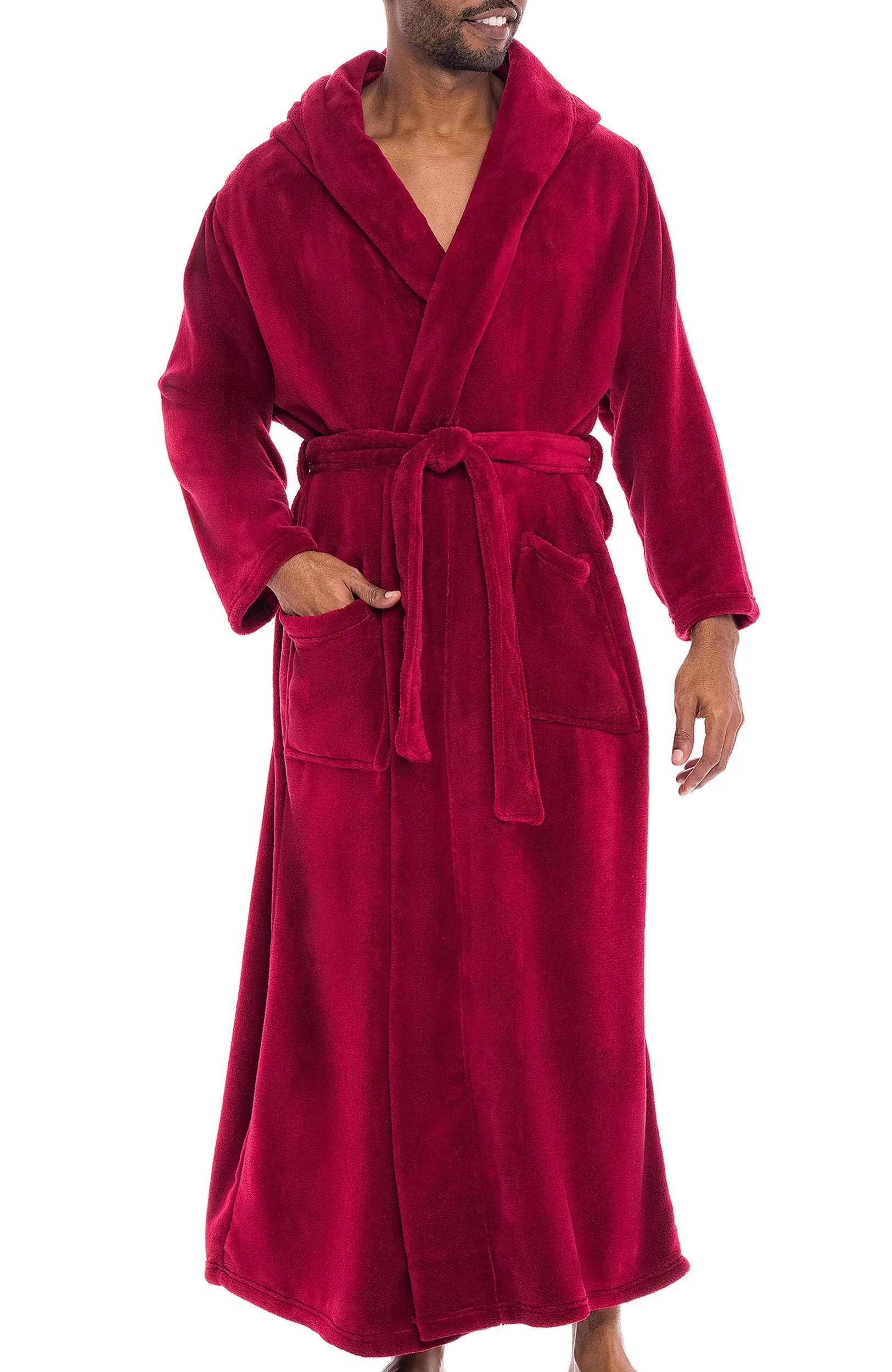 Men's Plush Fleece Hooded Bathrobe, Full Length Long Warm Lounge Robe with Hood Burgundy 6XL (A0125BRG6X)