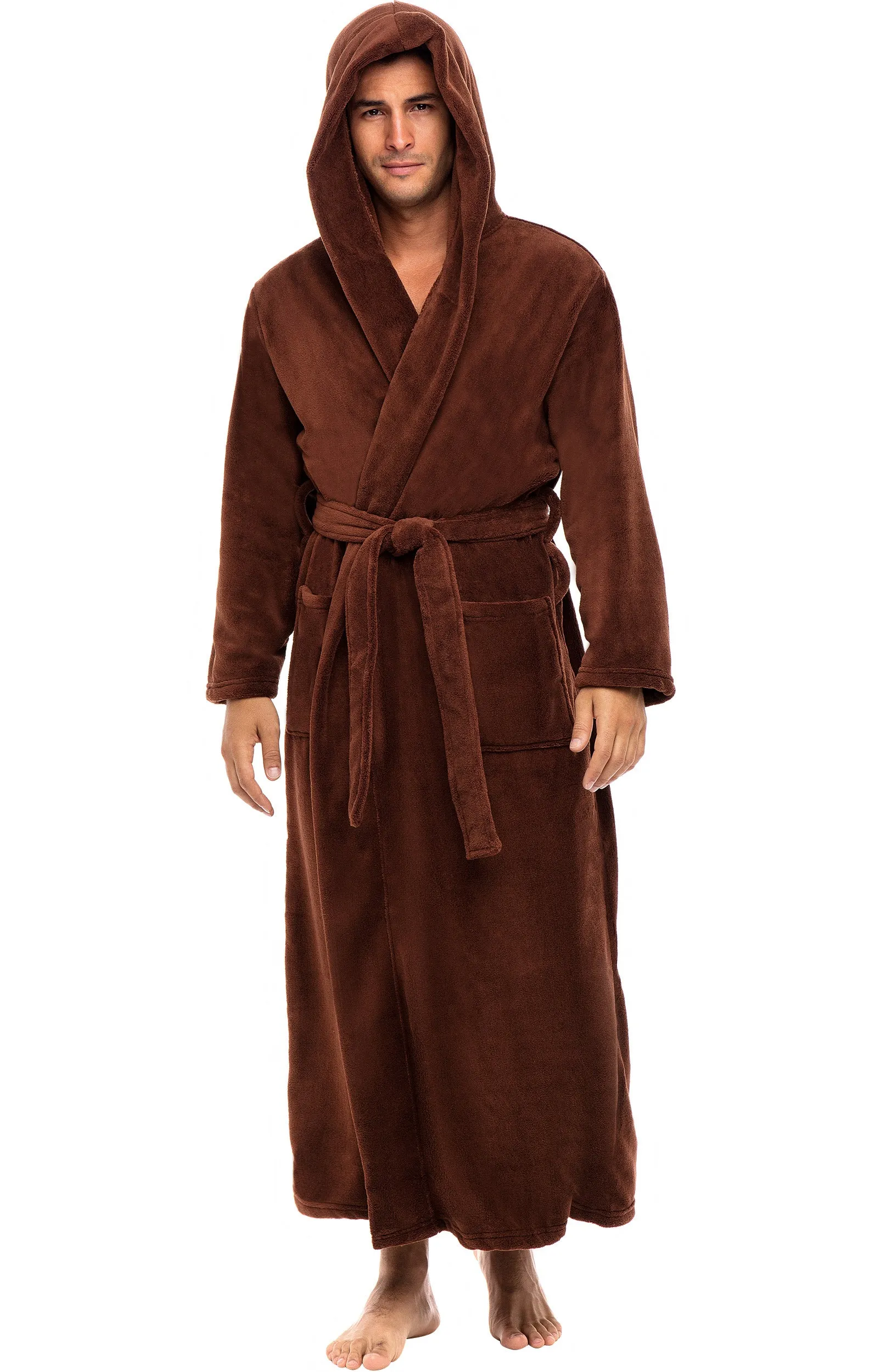 Men's Plush Fleece Hooded Bathrobe, Full Length Long Warm Lounge Robe with Hood