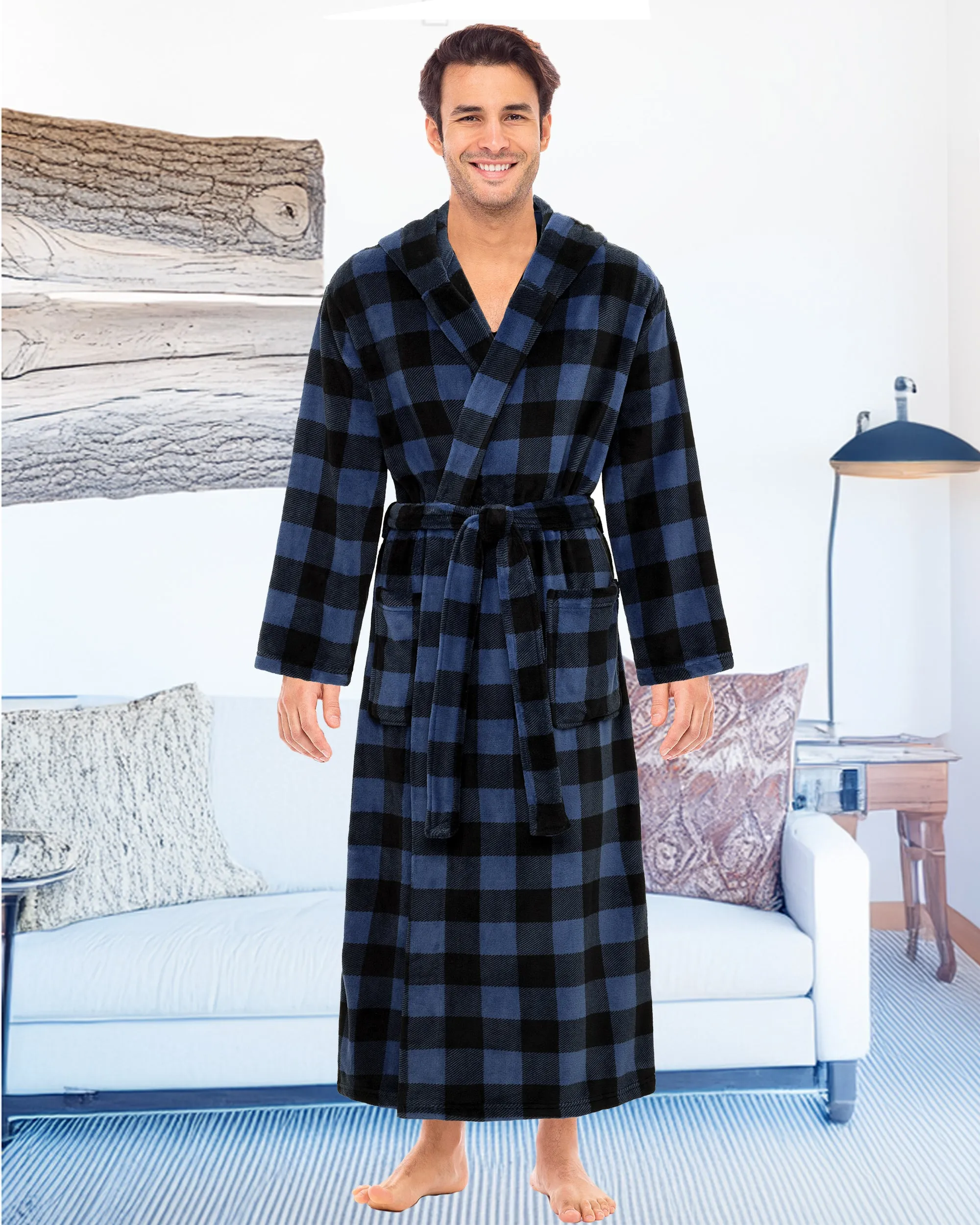 Men's Plush Fleece Hooded Bathrobe, Full Length Long Warm Lounge Robe with Hood