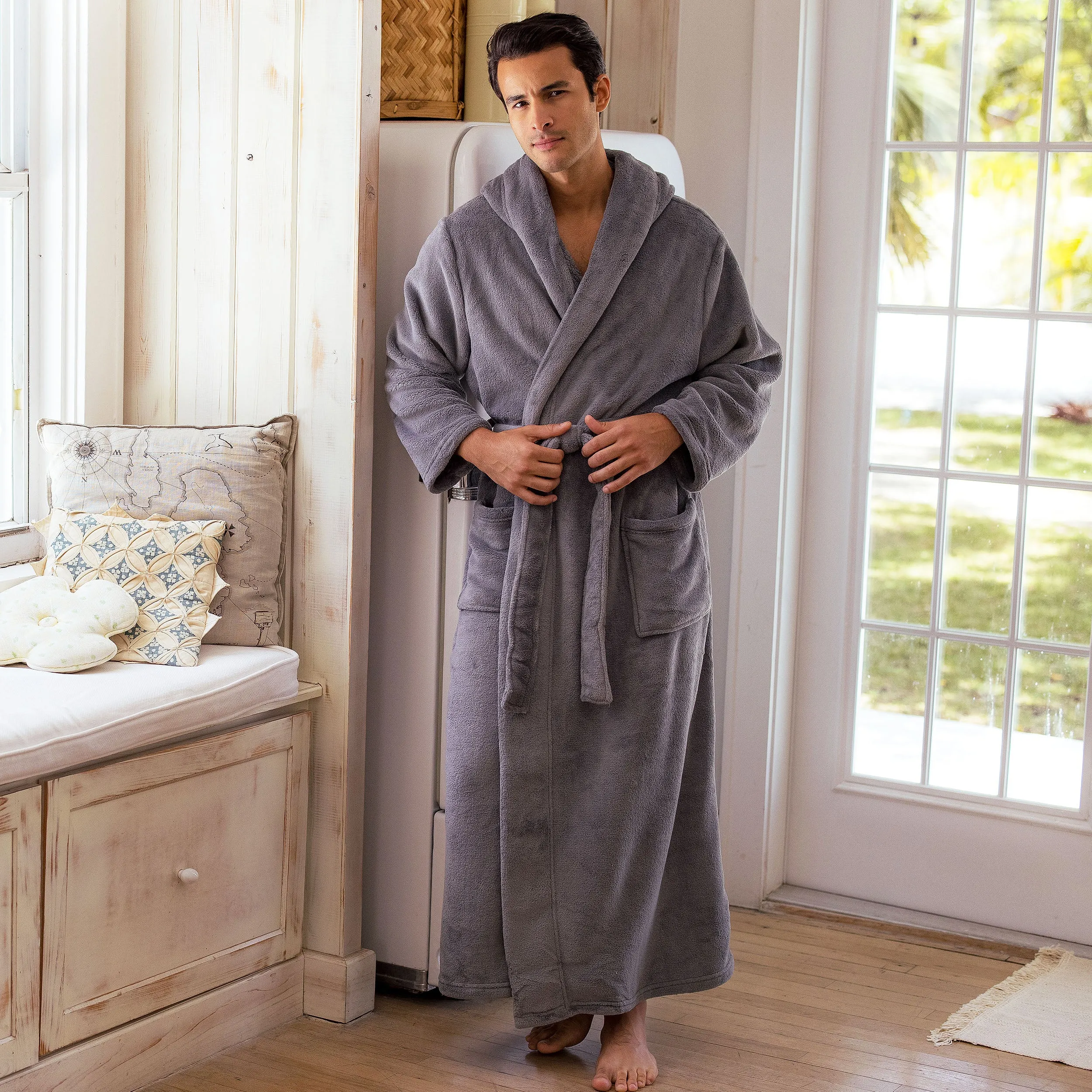 Men's Plush Fleece Hooded Bathrobe, Full Length Long Warm Lounge Robe with Hood