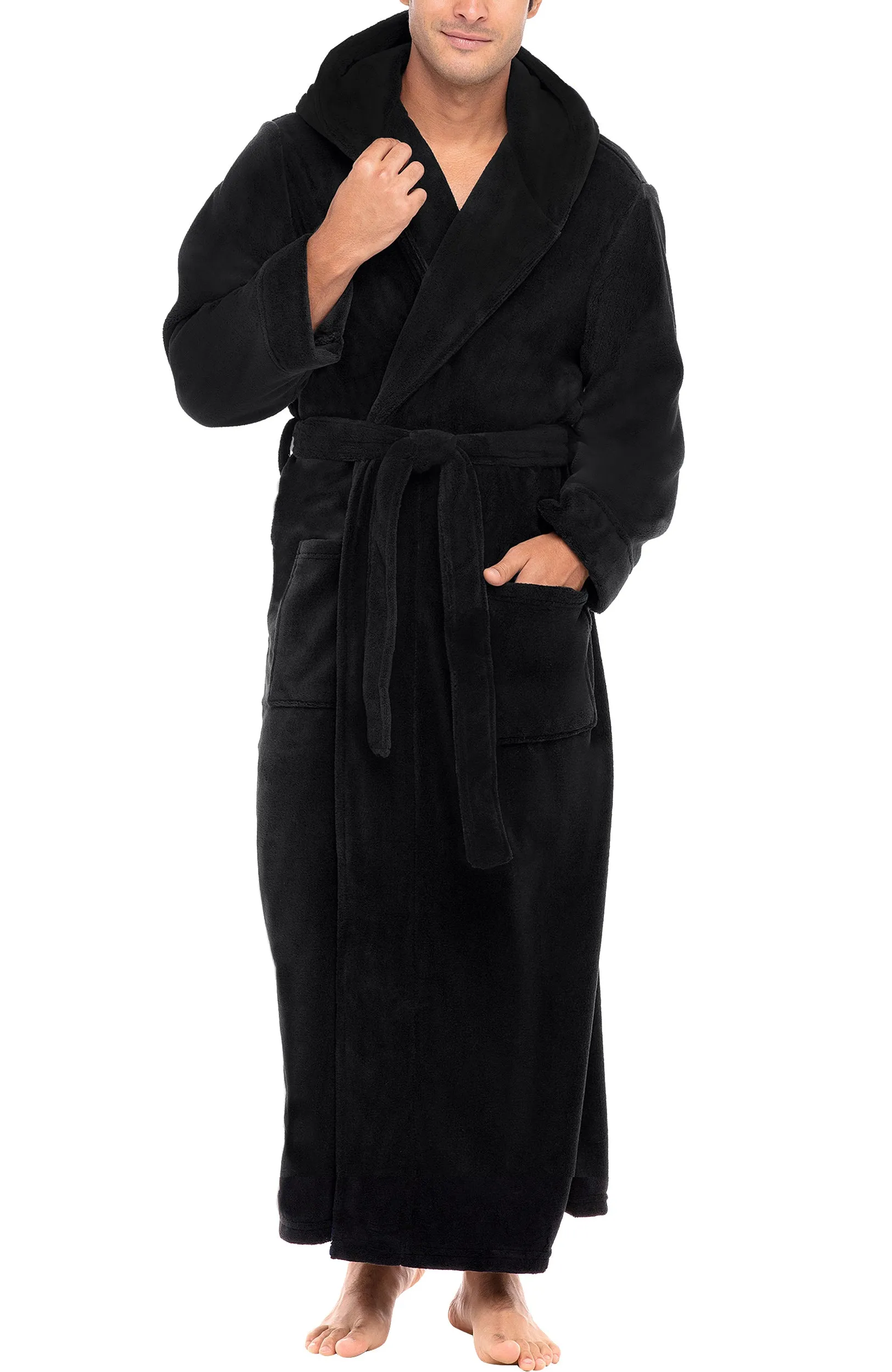 Men's Plush Fleece Hooded Bathrobe, Full Length Long Warm Lounge Robe with Hood