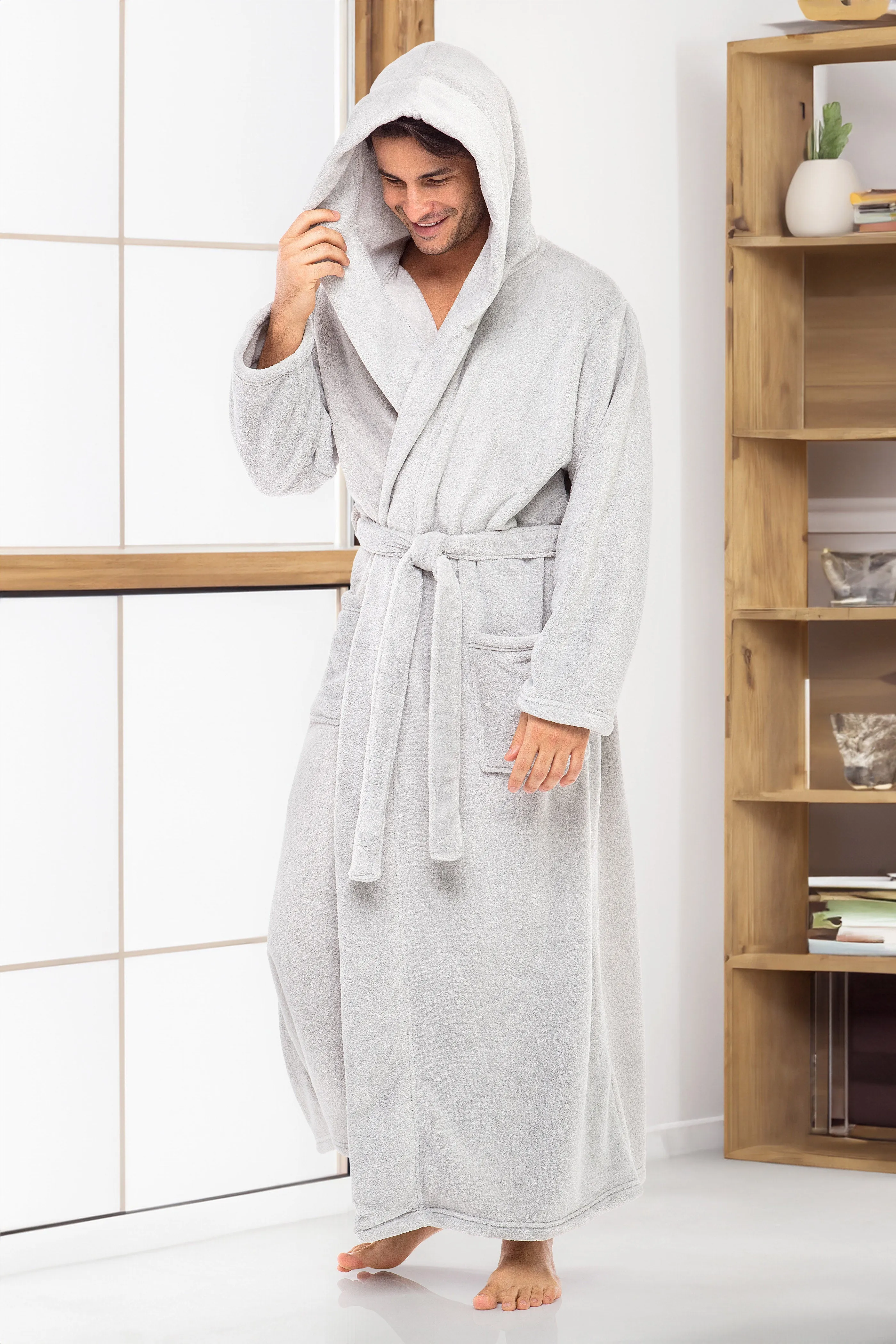 Men's Plush Fleece Hooded Bathrobe, Full Length Long Warm Lounge Robe with Hood