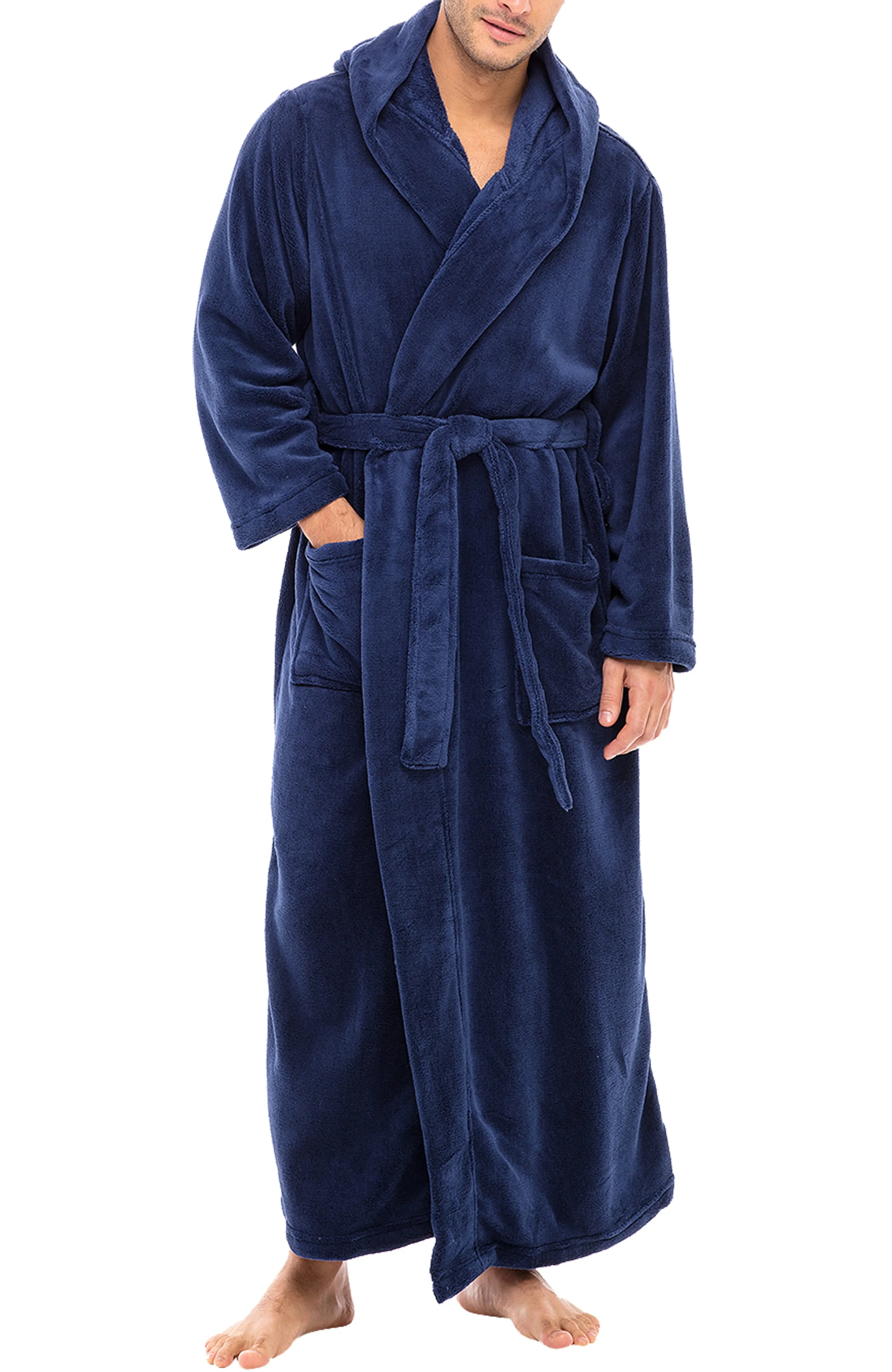 Men's Plush Fleece Hooded Bathrobe, Full Length Long Warm Lounge Robe with Hood