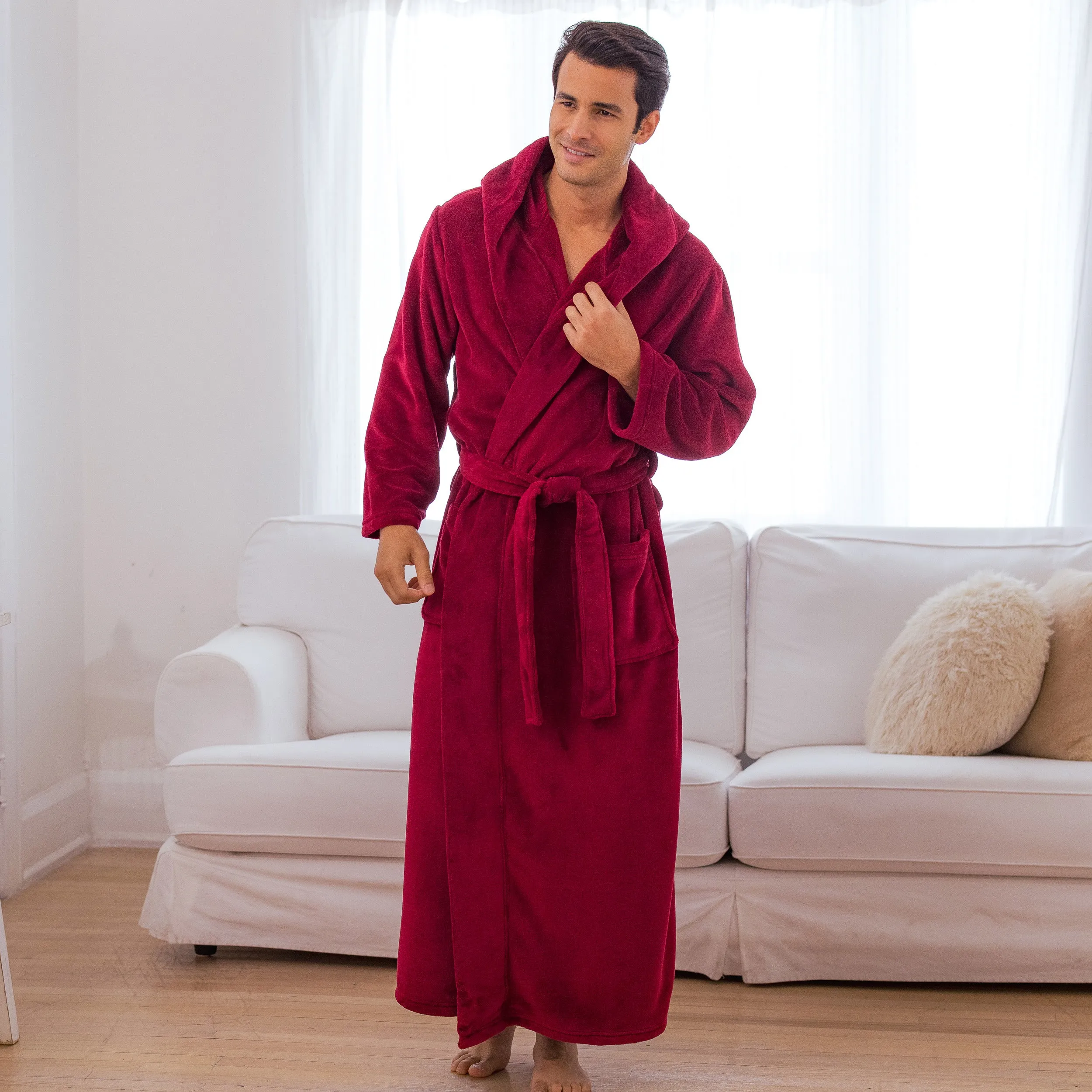 Men's Plush Fleece Hooded Bathrobe, Full Length Long Warm Lounge Robe with Hood