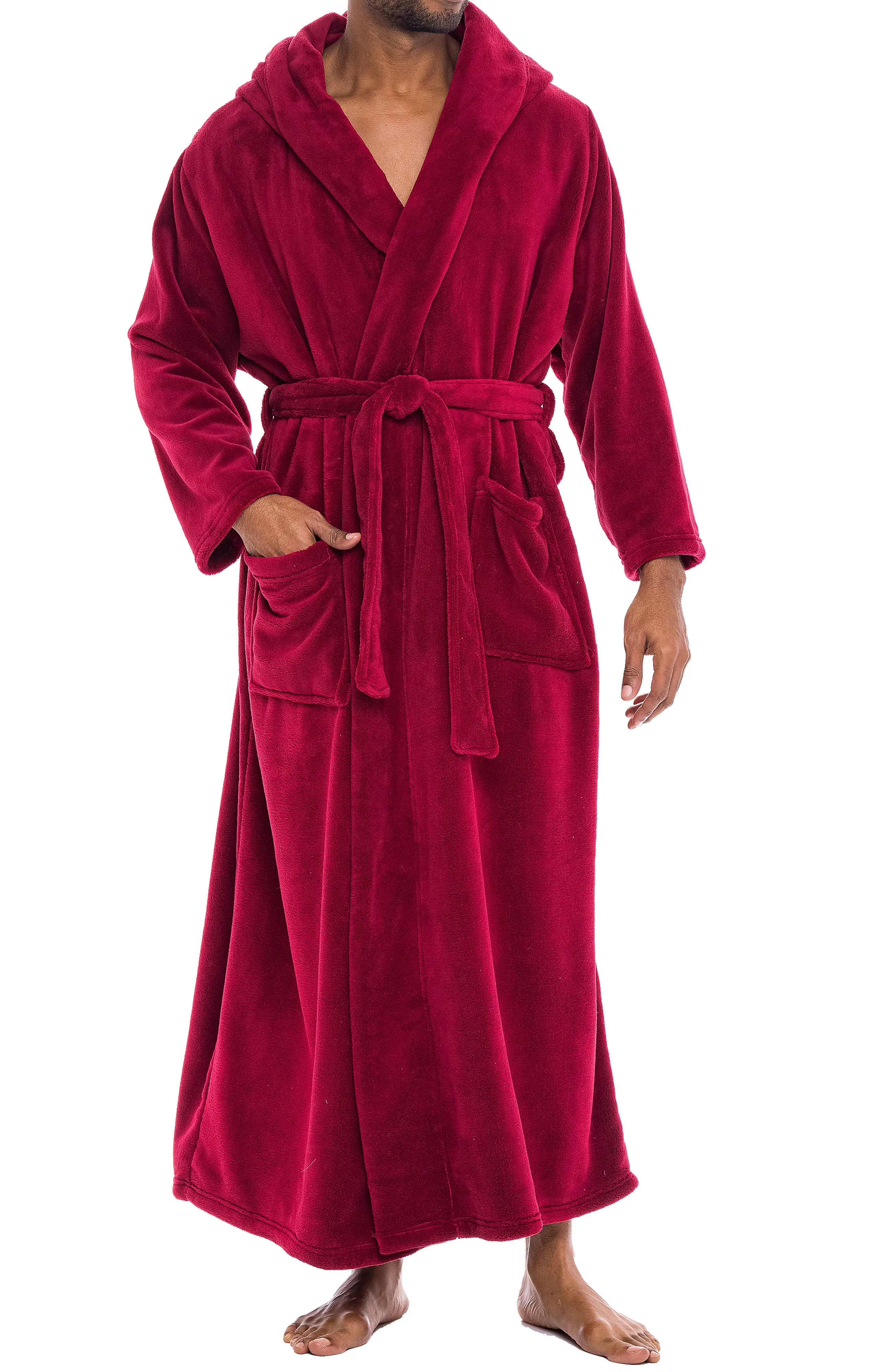 Men's Plush Fleece Hooded Bathrobe, Full Length Long Warm Lounge Robe with Hood