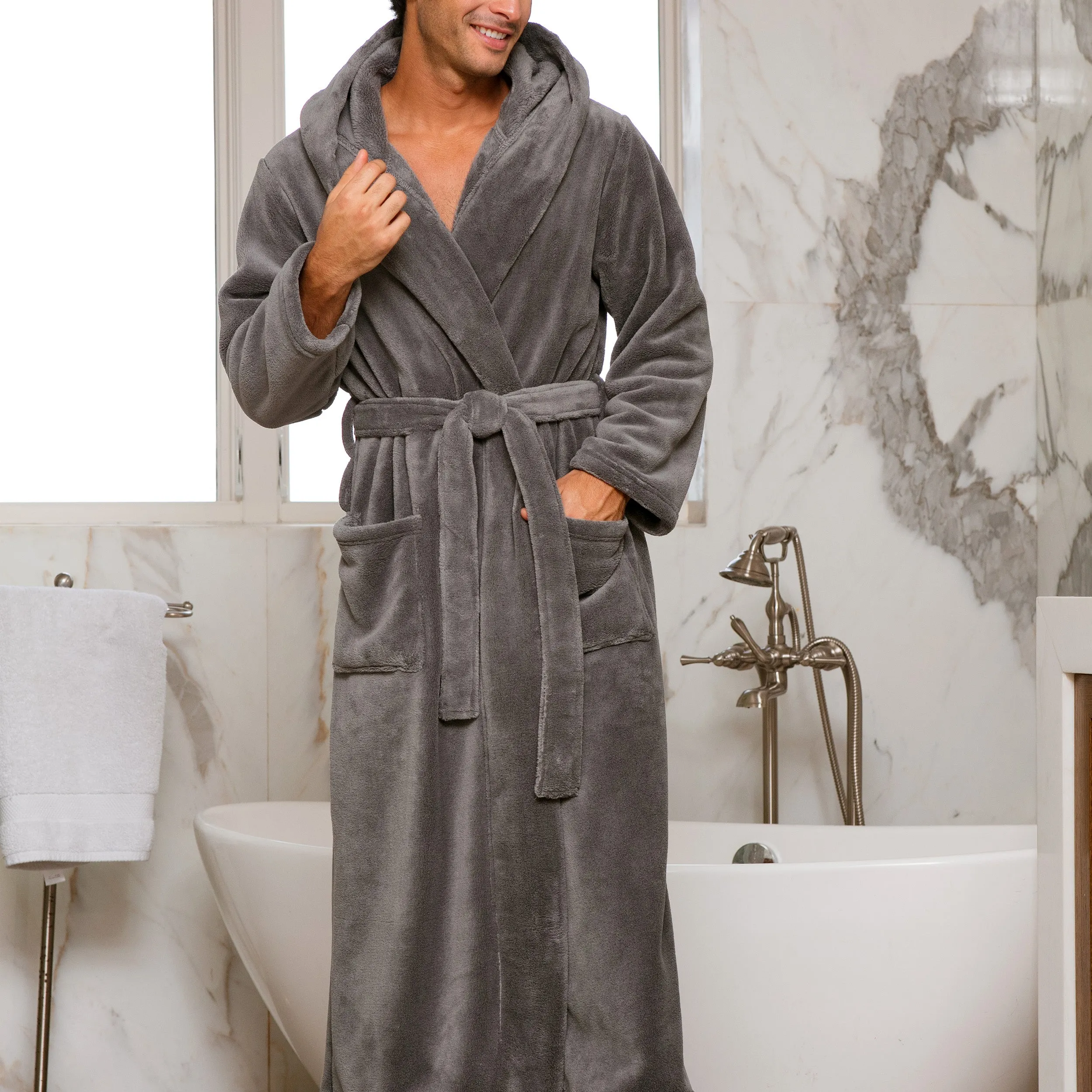 Men's Plush Fleece Hooded Bathrobe, Full Length Long Warm Lounge Robe with Hood