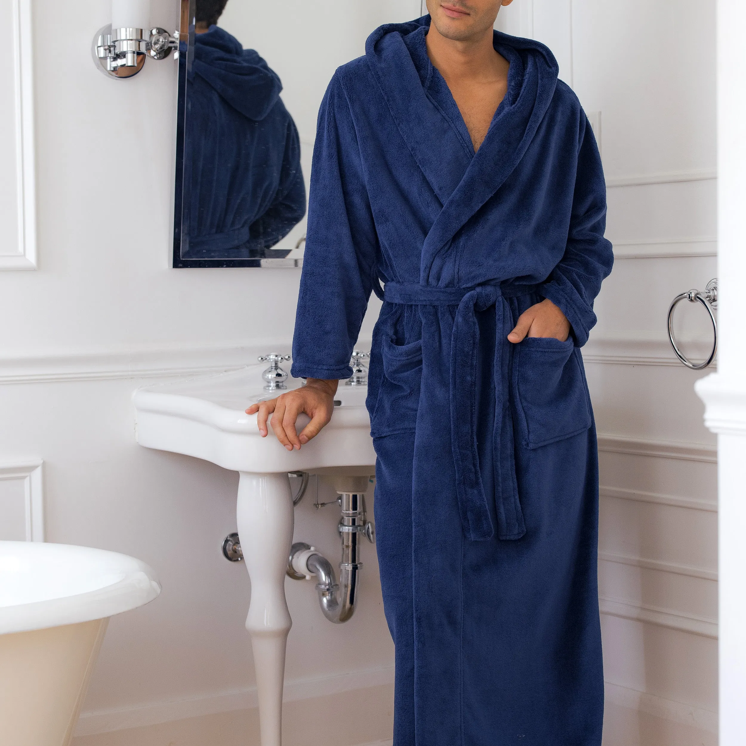 Men's Plush Fleece Hooded Bathrobe, Full Length Long Warm Lounge Robe with Hood