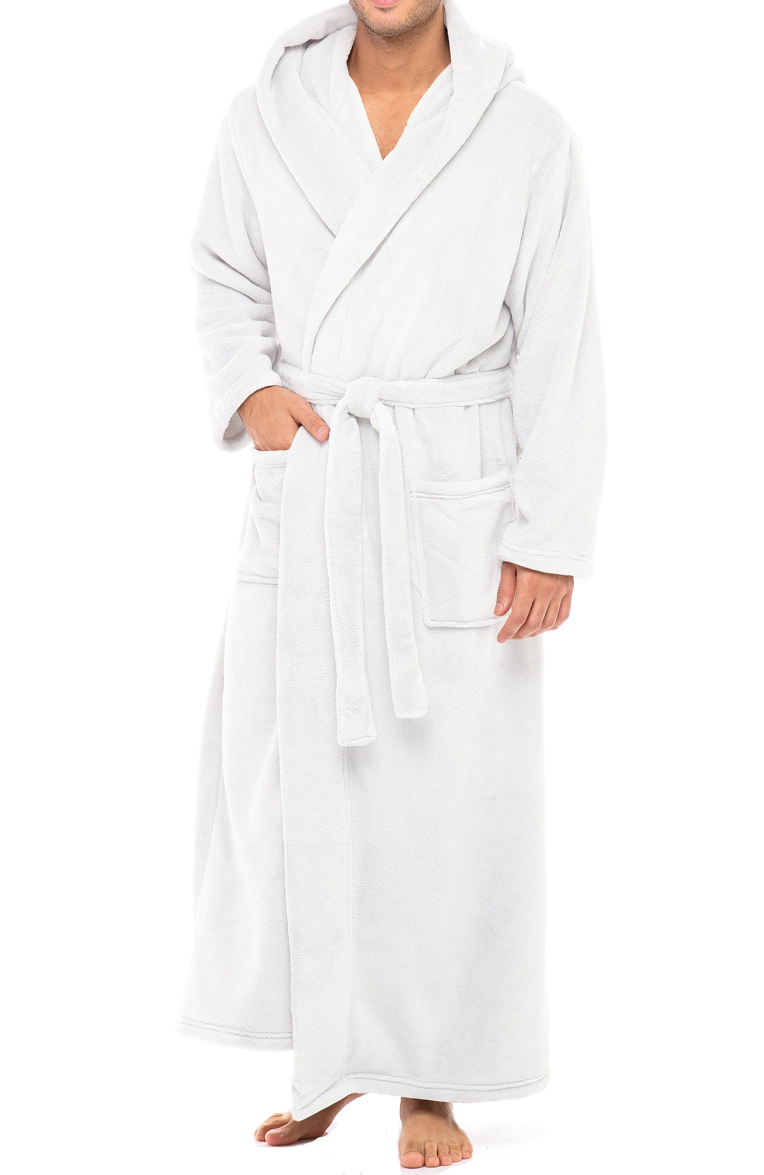 Men's Plush Fleece Hooded Bathrobe, Full Length Long Warm Lounge Robe with Hood