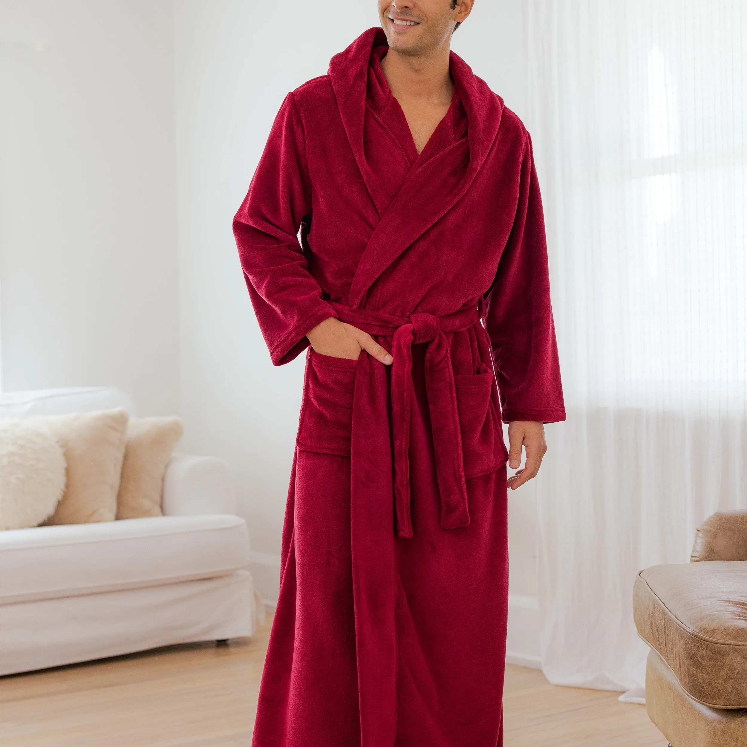 Men's Plush Fleece Hooded Bathrobe, Full Length Long Warm Lounge Robe with Hood