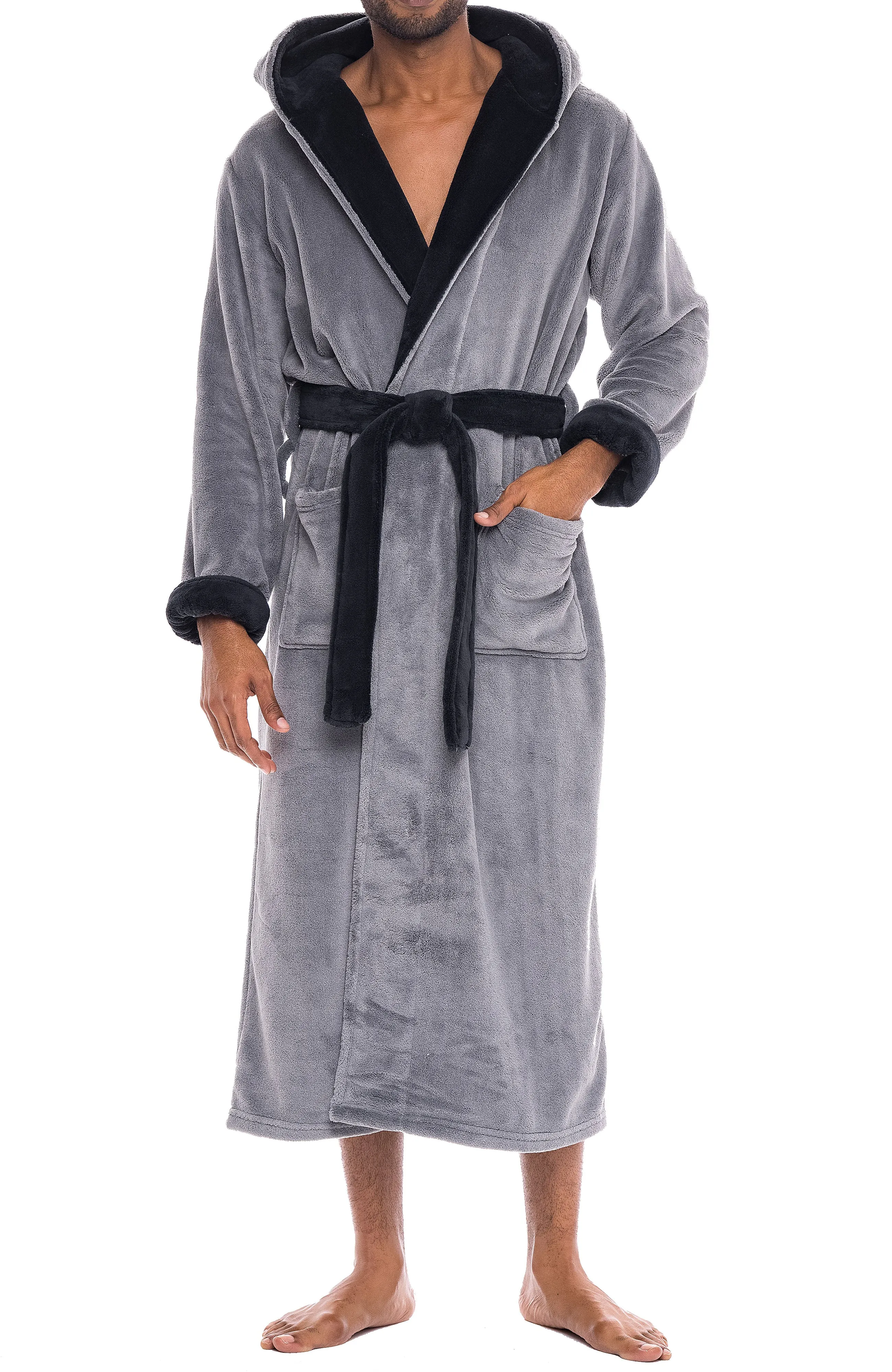 Men's Plush Fleece Hooded Bathrobe, Full Length Long Warm Lounge Robe with Hood