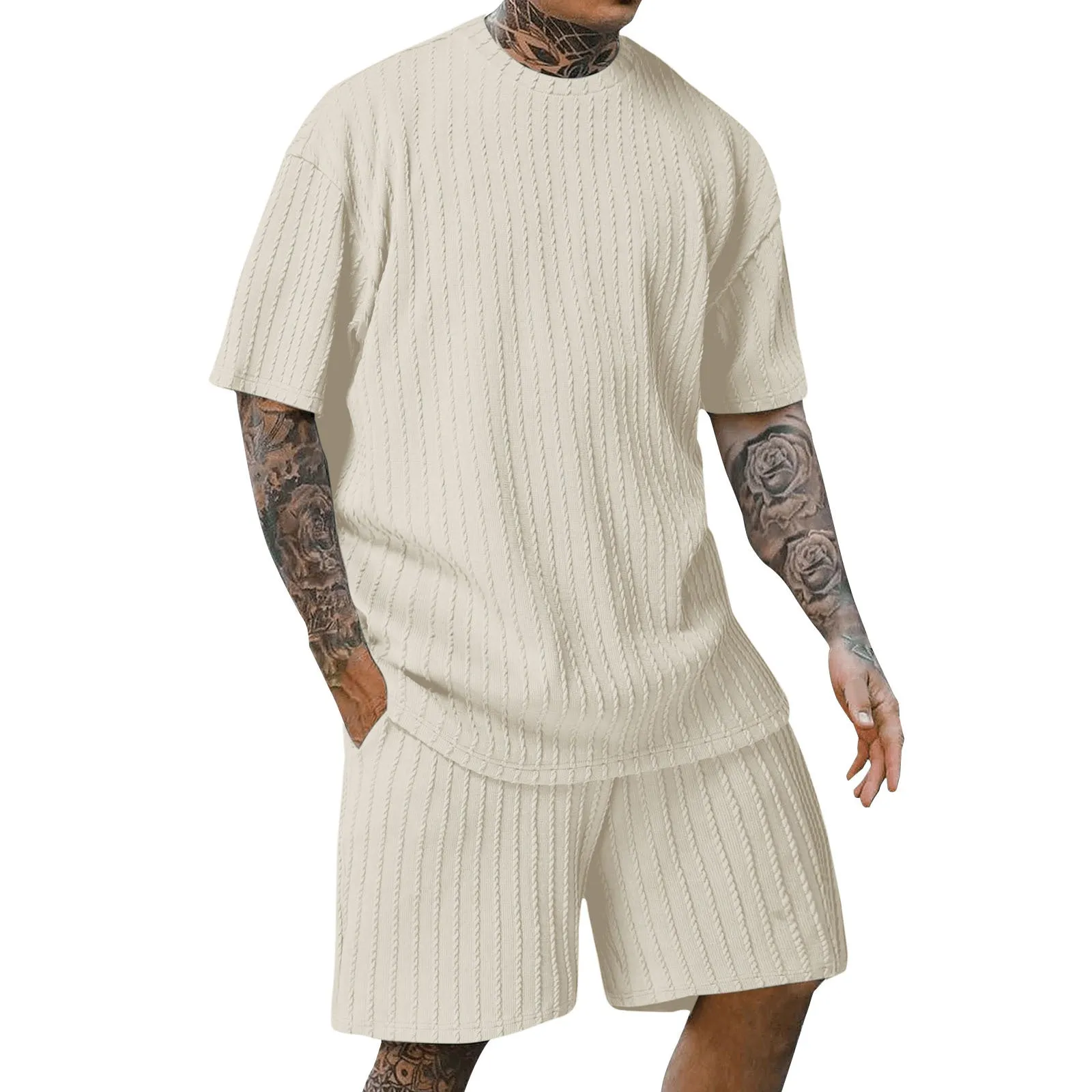 Men's Sports Round Neck Pullover Vertical Pattern Two-piece Set