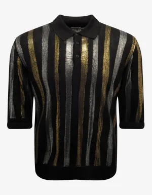 Metallic Stripe Linen-Blend Polo T-Shirt