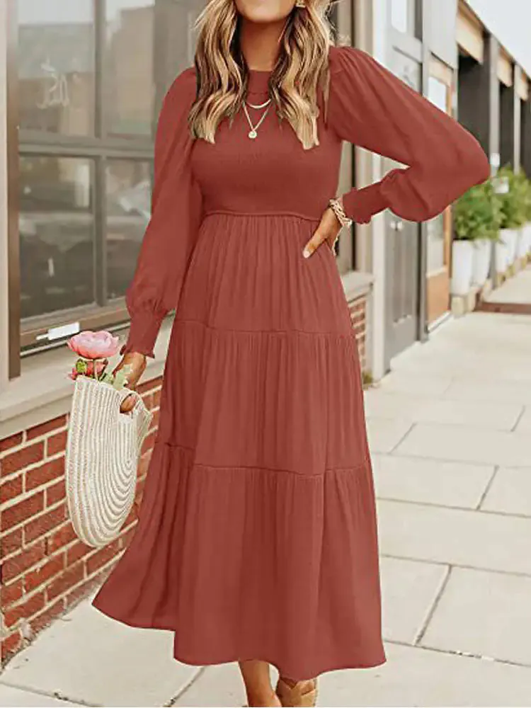 Midi Dress Long Sleeve Plain Charm