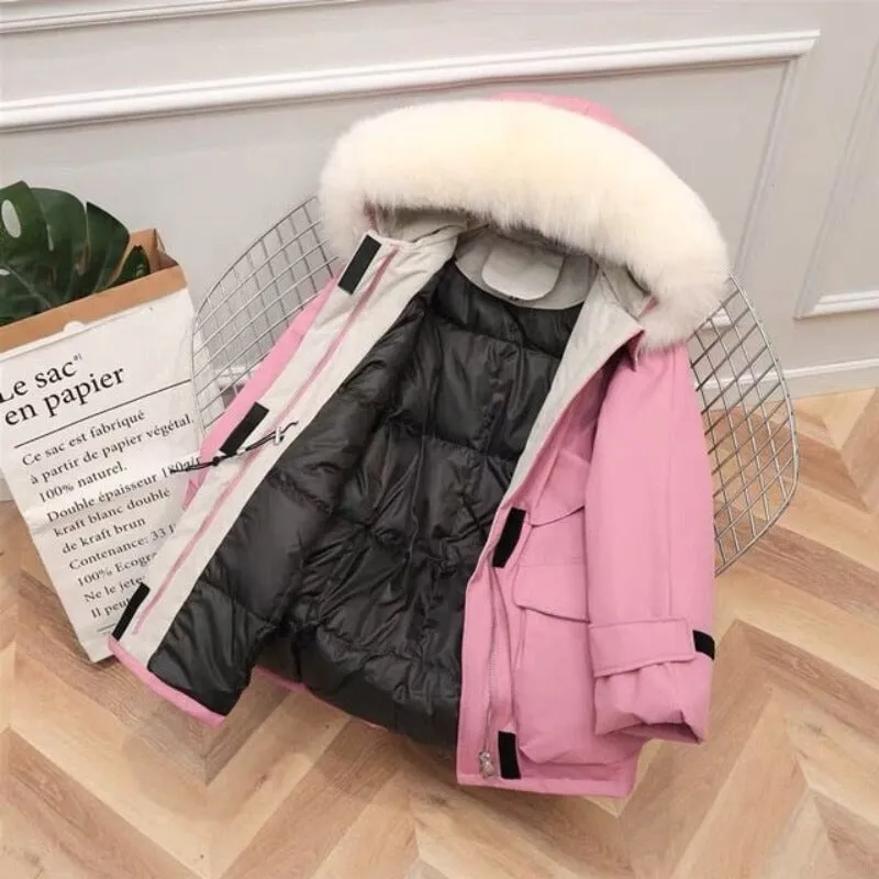 Natural Raccoon Fox Fur Hooded Down Coat Thick Warm Outerwear