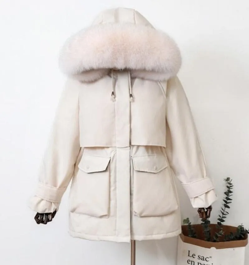 Natural Raccoon Fox Fur Hooded Down Coat Thick Warm Outerwear