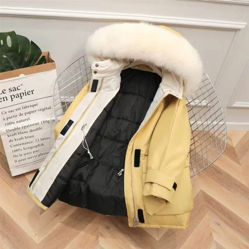 Natural Raccoon Fox Fur Hooded Down Coat Thick Warm Outerwear