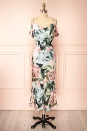 Nefera | Colorful Blurry Floral Satin Dress