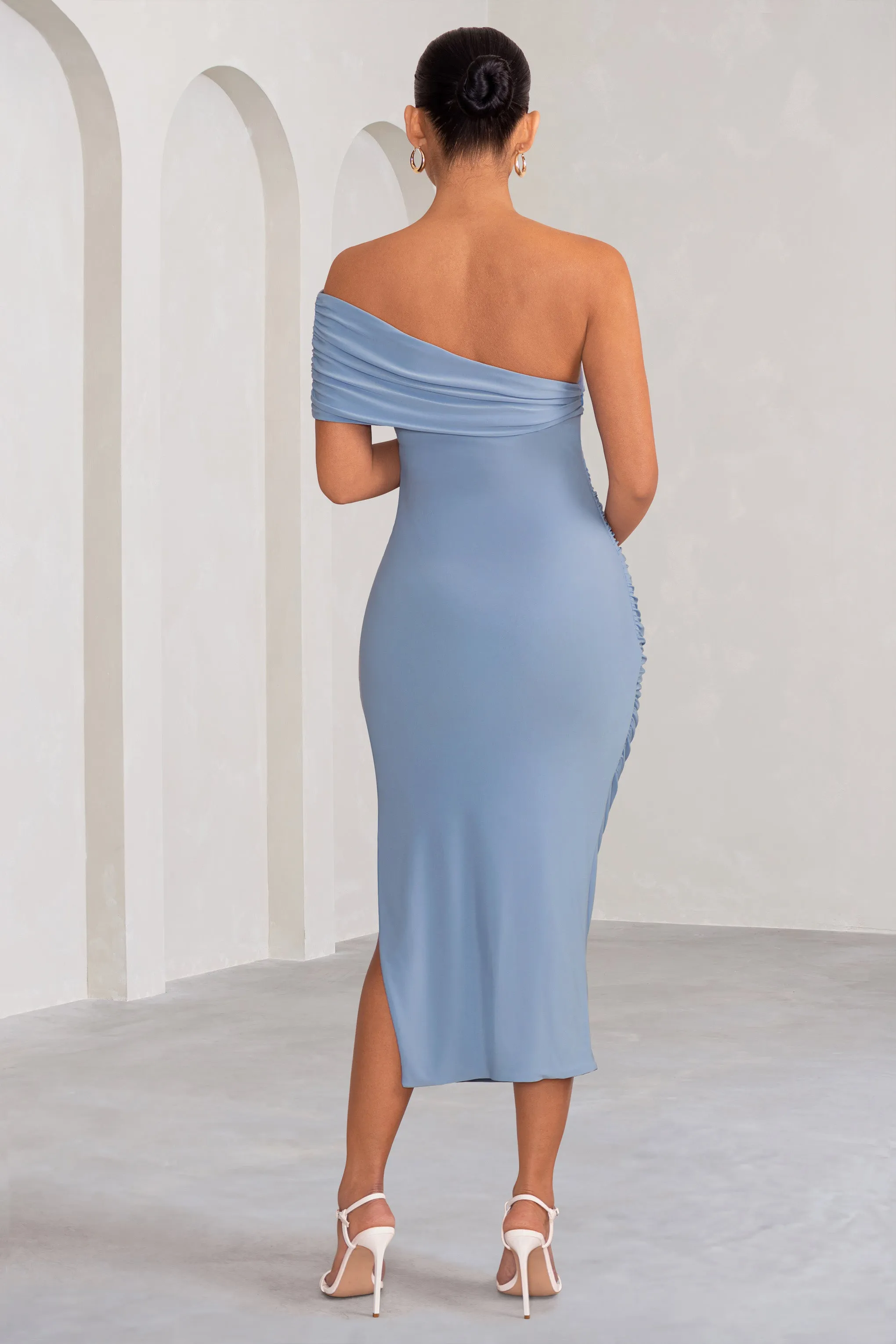 Odelia | Powder Blue Maternity Midi Dress with Asymmetric Sleeve and Side Split