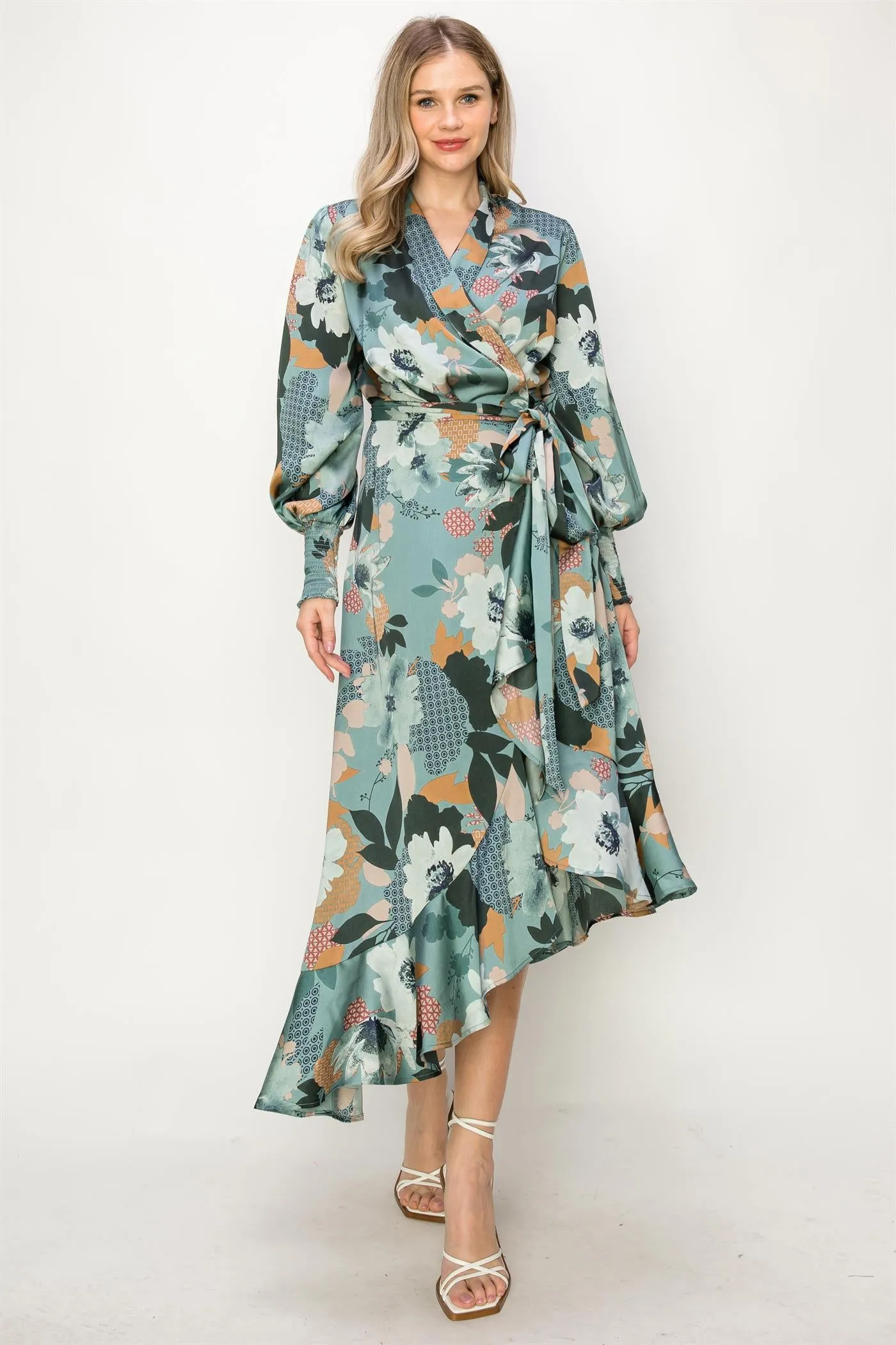 OL24A084-Chiffon Floral Wrap Unbalanced Maxi Dress