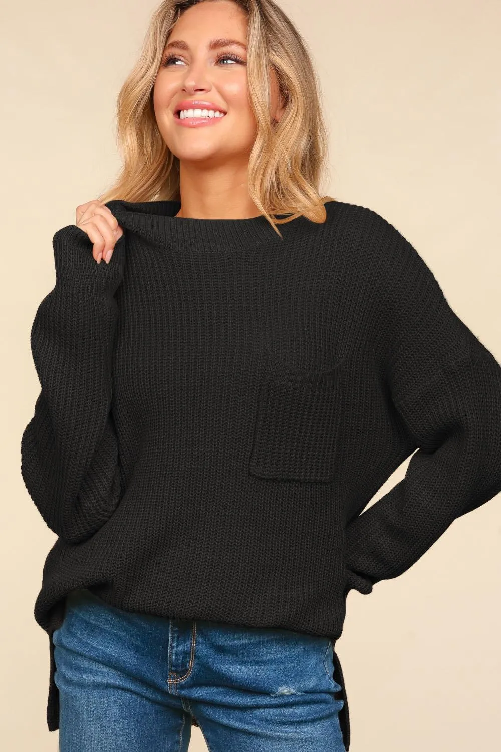 Oversized Mock Neck Pocket Sweater Top - Black