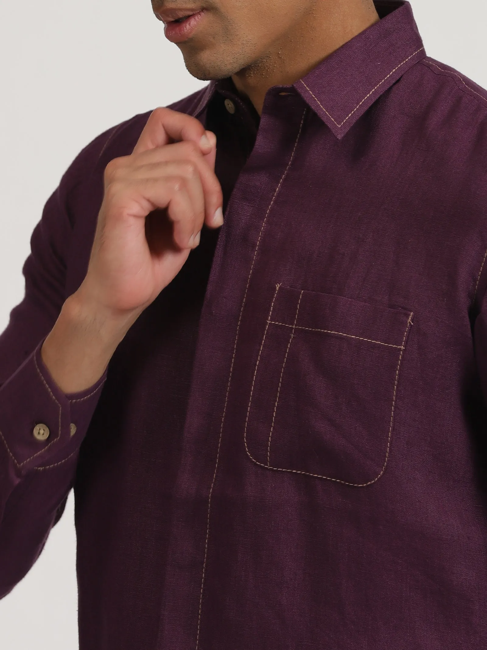 Paul - Pure Linen Stitch Detailed Full Sleeve Shirt - Dark Purple (Factory Rescue)