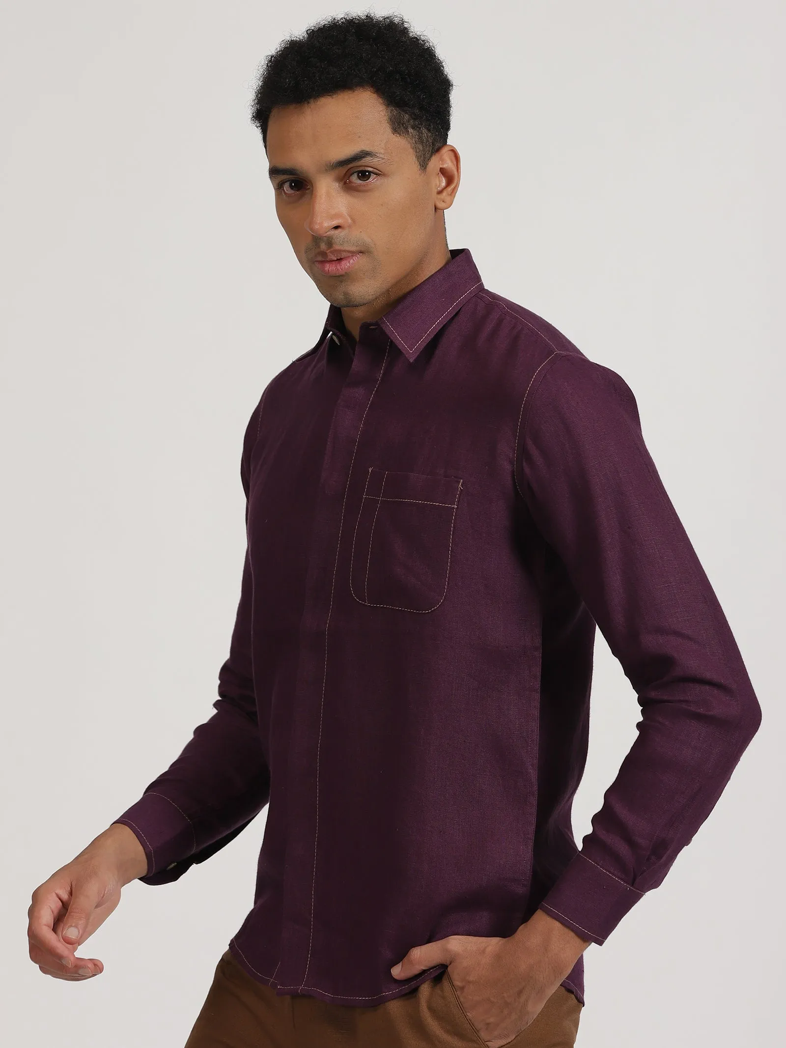 Paul - Pure Linen Stitch Detailed Full Sleeve Shirt - Dark Purple (Factory Rescue)