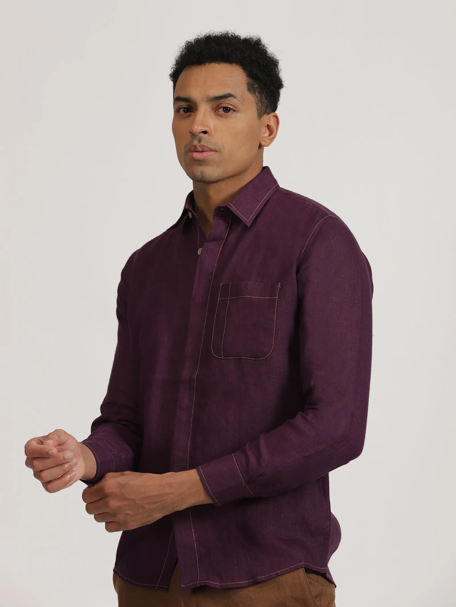 Paul - Pure Linen Stitch Detailed Full Sleeve Shirt - Dark Purple (Factory Rescue)